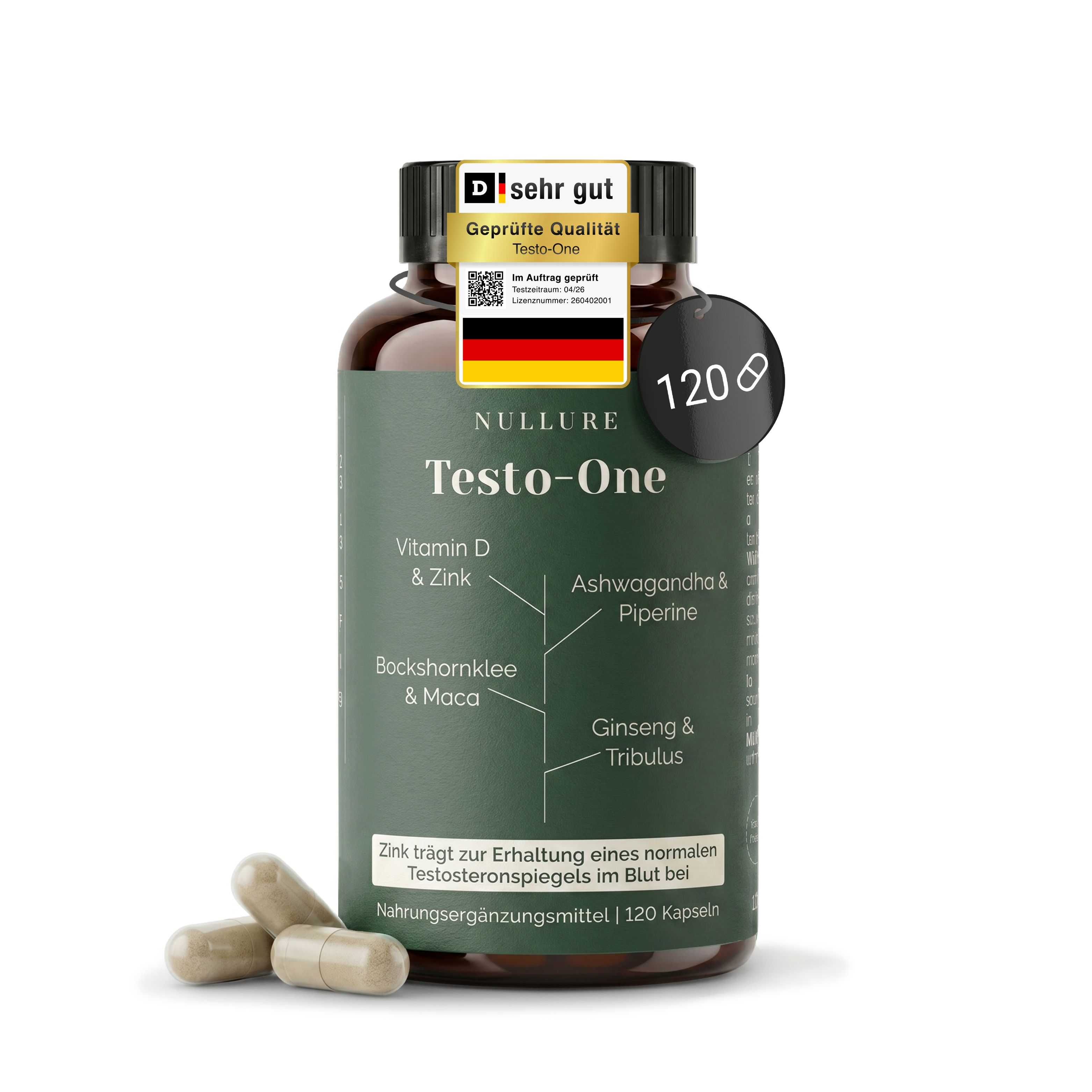 Braune Kapsel mit Etikett, das 'Testo-One' und Inhaltsstoffe wie Vitamin D, Zink, Ashwagandha und Ginseng auflistet. Enthält 120 Kapseln.