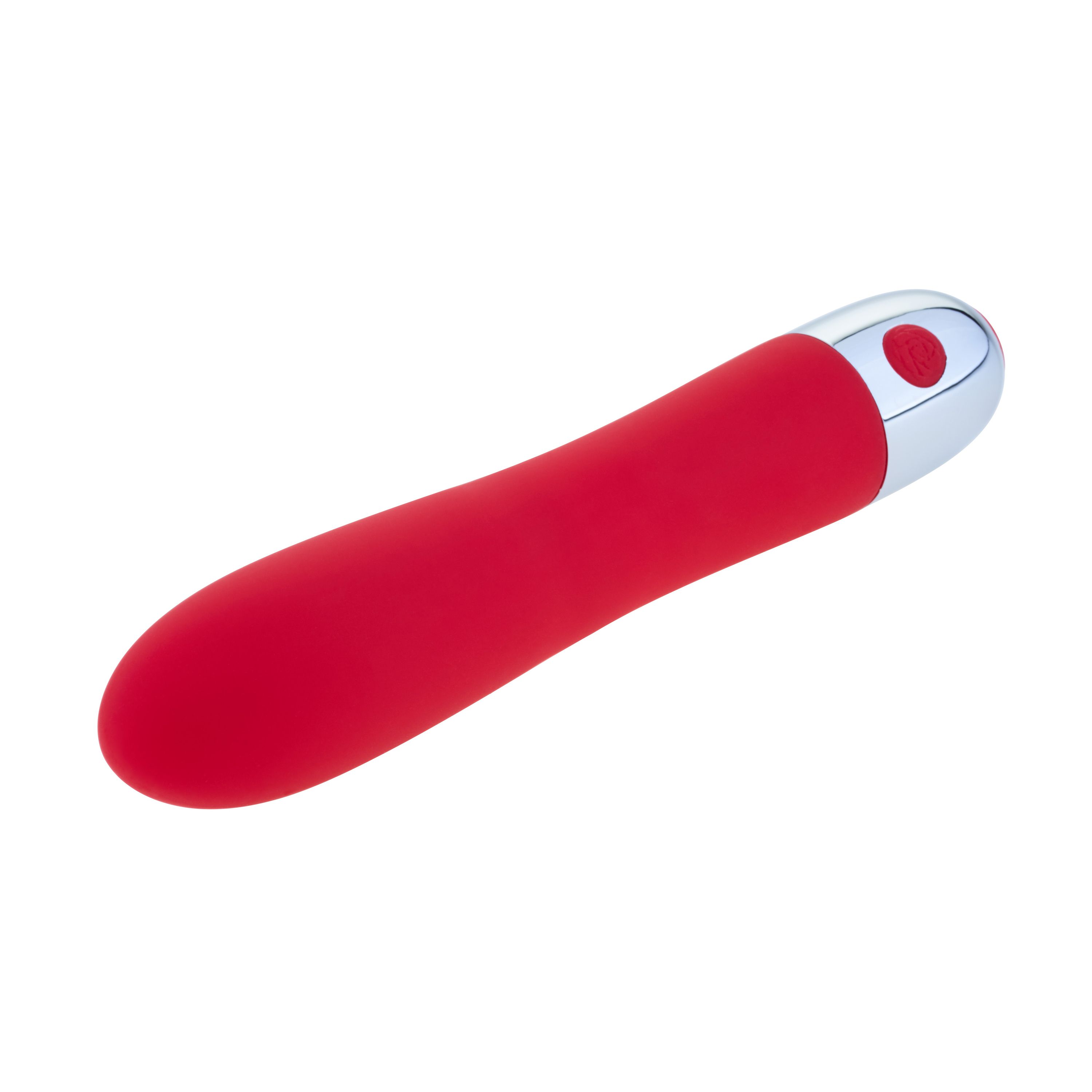 Roter Vibrator mit silberfarbenem Kopf und rotem Knopf. Glatte Oberfläche, ergonomische Form.