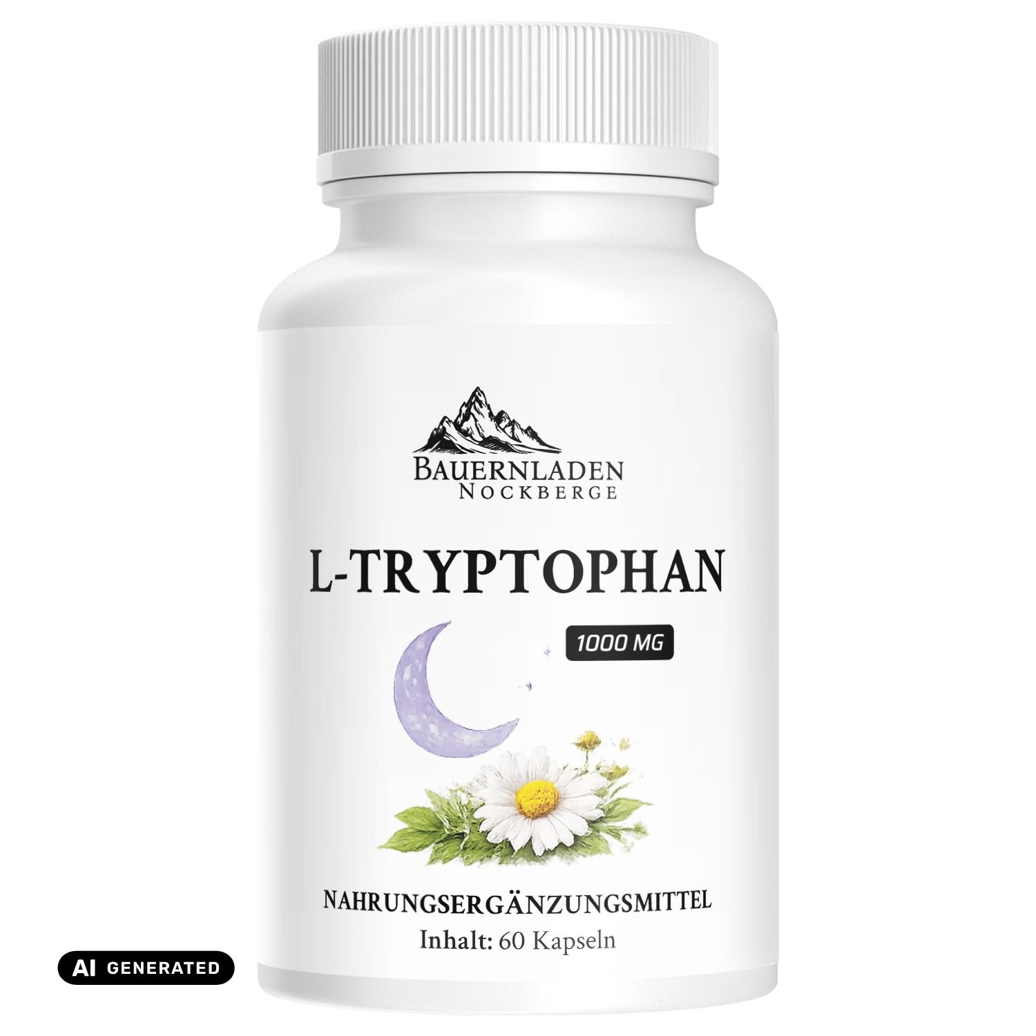 Weiße Kapsel-Flasche mit Etikett: L-Tryptophan 1000 mg, 60 Kapseln, mit Berg- und Blumenmotiv.
