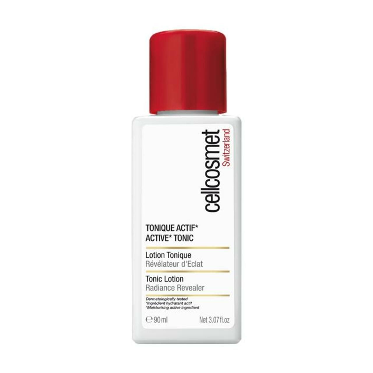 Eine Flasche Cellcosmet Active Tonic Lotion mit rotem Deckel. Aufschrift: TONIQUE ACTIF, ACTIVE TONIC, Lotion Tonique, Tonic Lotion.