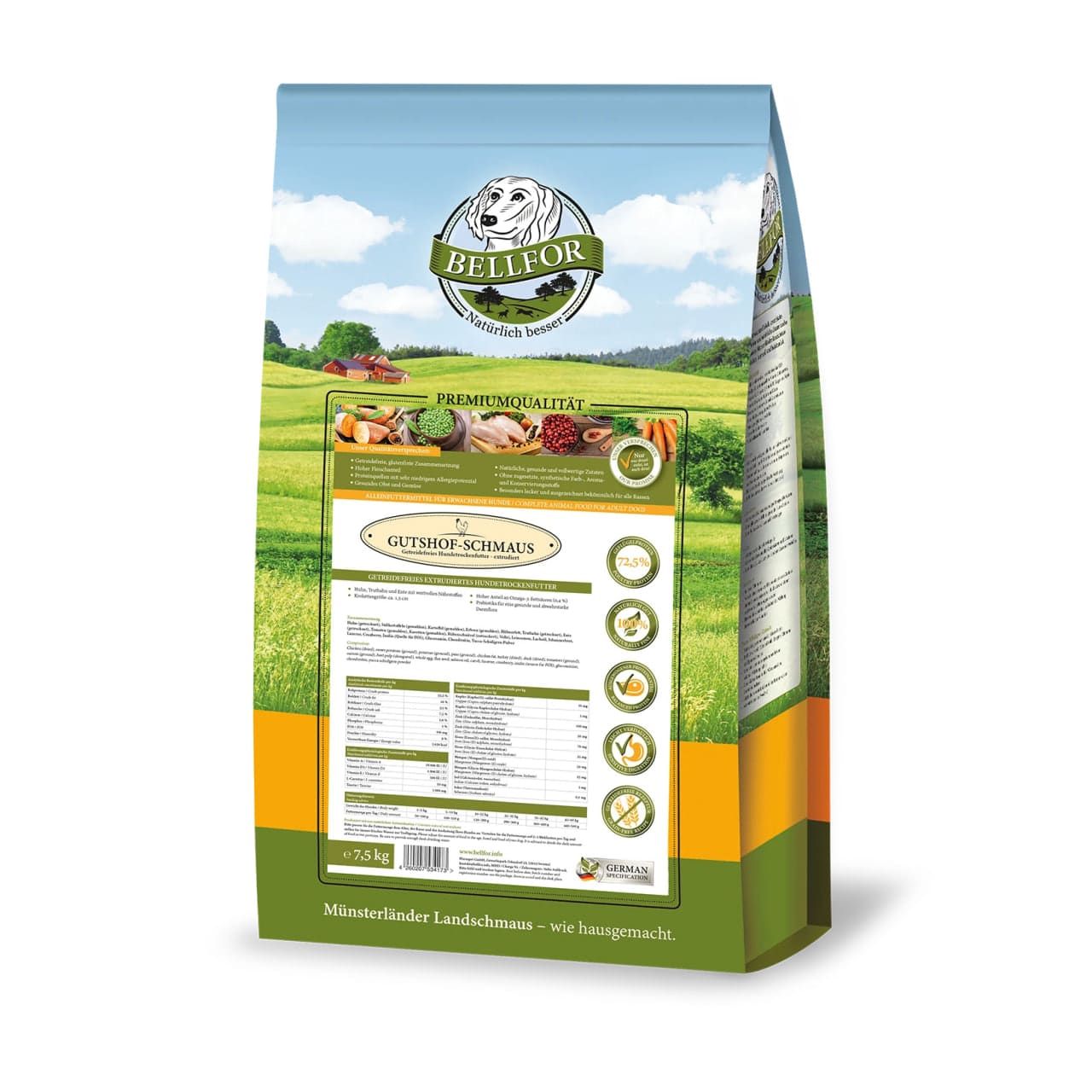 Hundefutterbeutel mit Bellfor-Logo und Produktinformationen. Grün-weißes Design mit Landschaftsmotiv. 7,5 kg Packung.