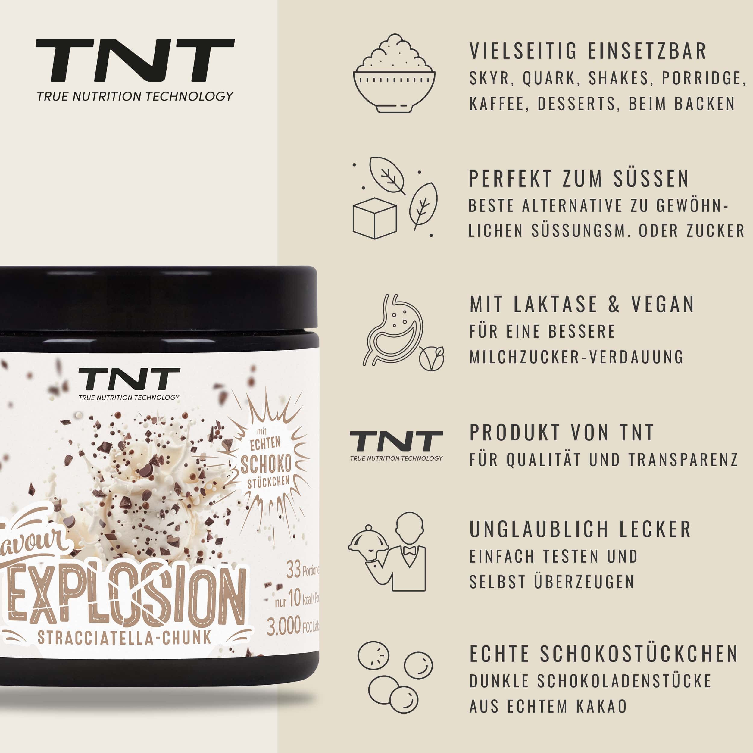 Produkt von TNT. Aufschrift: Vielseitig einsetzbar, perfekt zum Süßen, mit Laktase & vegan. Echte Schokostückchen. Dunkle Schokoladenstücke aus echtem Kakao.
