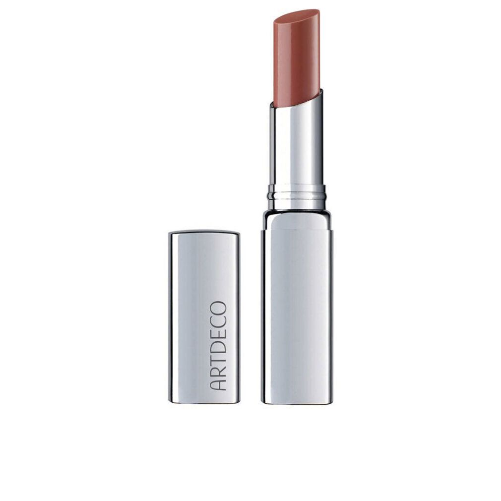 Lippenbalsam mit silberner Hülse und geöffneter Kappe. Der Lippenstift ist in einem warmen Rosaton gehalten. Auf der Hülse steht "ARTDECO".
