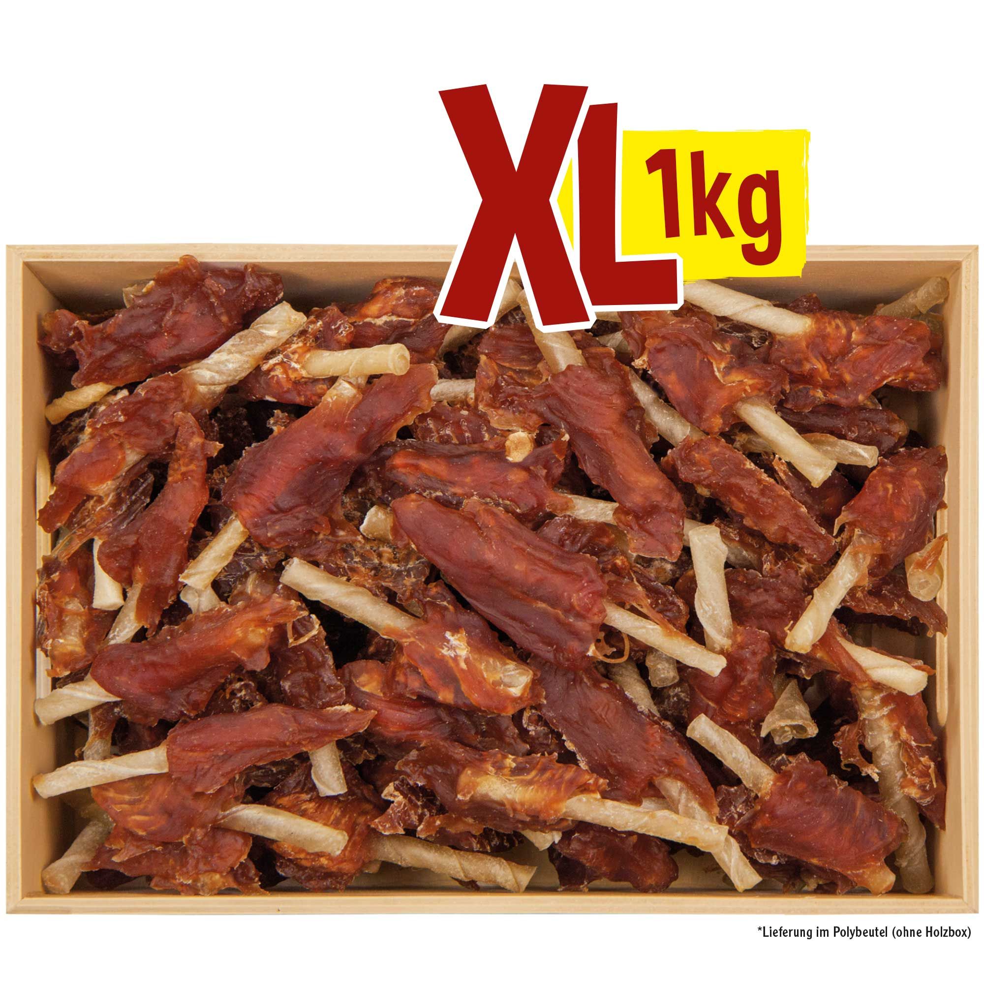 Holzkiste mit Snacks, Hühnchenbrust Flags. XL-Etikett und 1kg-Etikett. Text: Lieferung im Polybeutel (ohne Holzbox).