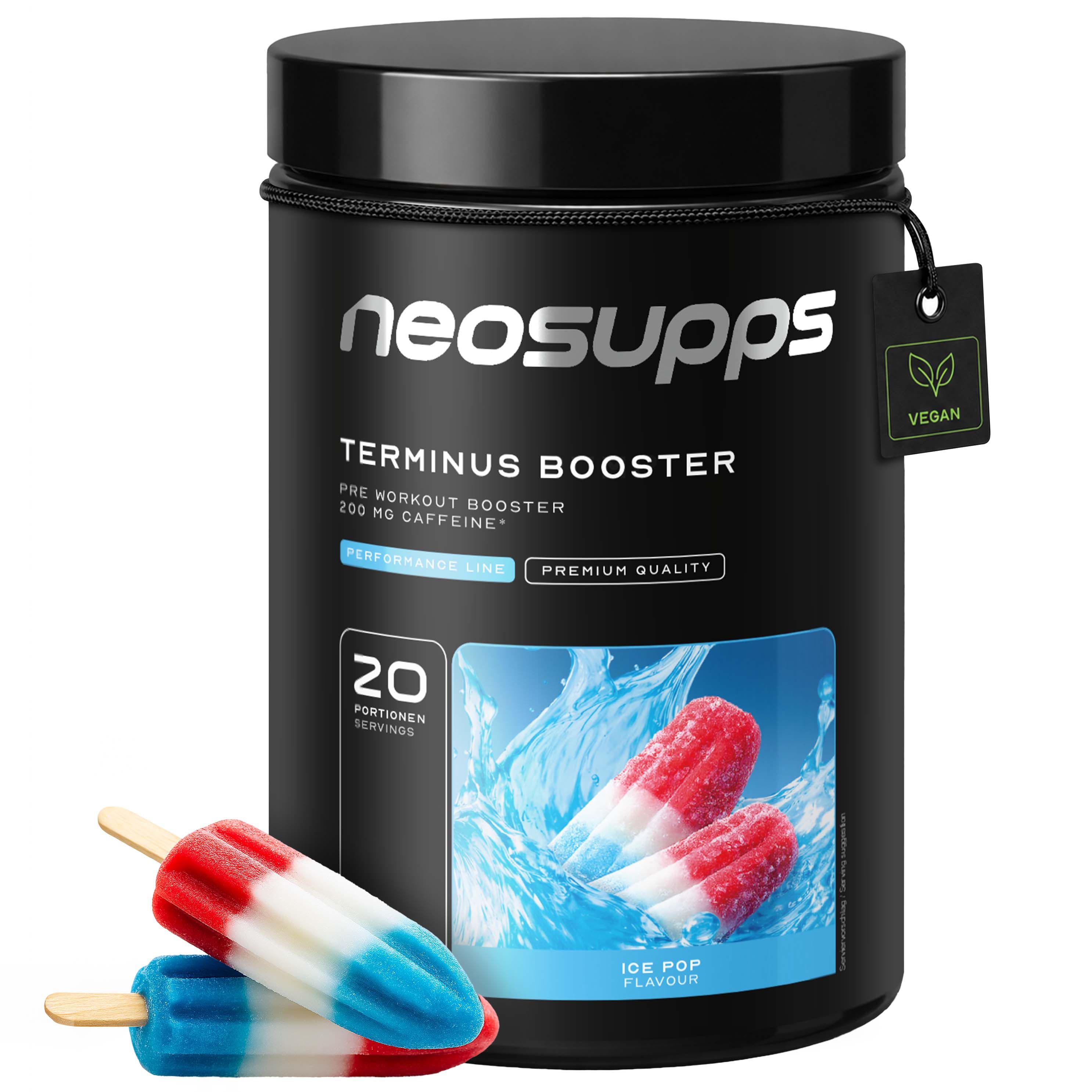 Schwarze Dose mit weißem Text. Vegan-Siegel. 20 Portionen. Eis am Stiel-Abbildung. Dose: Terminus Booster, 200mg Koffein.