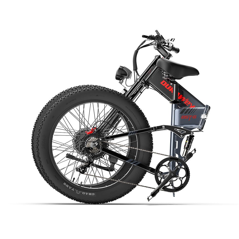 Schwarzes Elektro-Mountainbike, zusammengeklappt. Sichtbar: Marke DUKAWEY, Batterie.