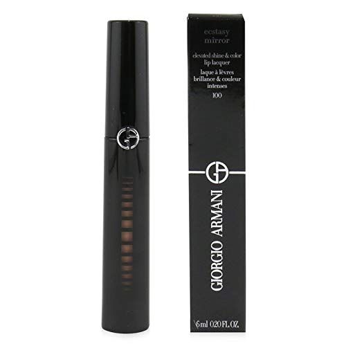 Schwarze Lippenlack-Tube und Schachtel. Auf der Schachtel: Giorgio Armani, Ecstasy Mirror, 100. Auf der Tube: Logo.