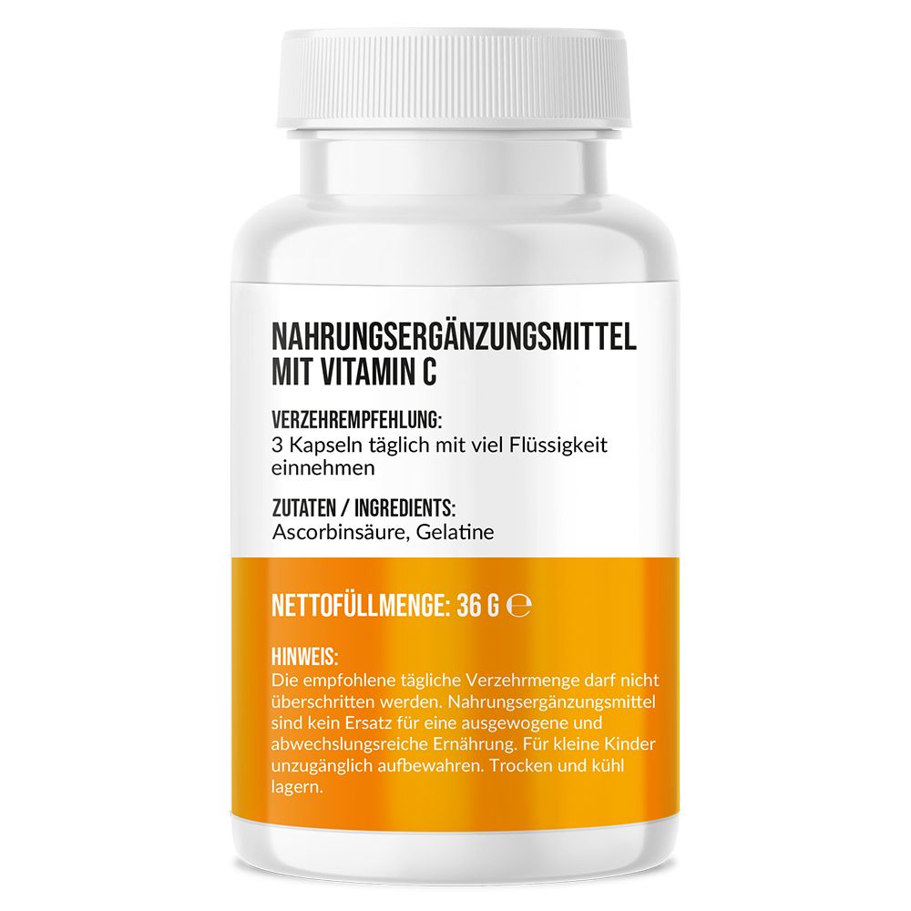 Rückseite der Vitamin C Kapseln-Flasche. Informationen zu Inhaltsstoffen, Verzehrempfehlung und Nettogewicht: 36 g.