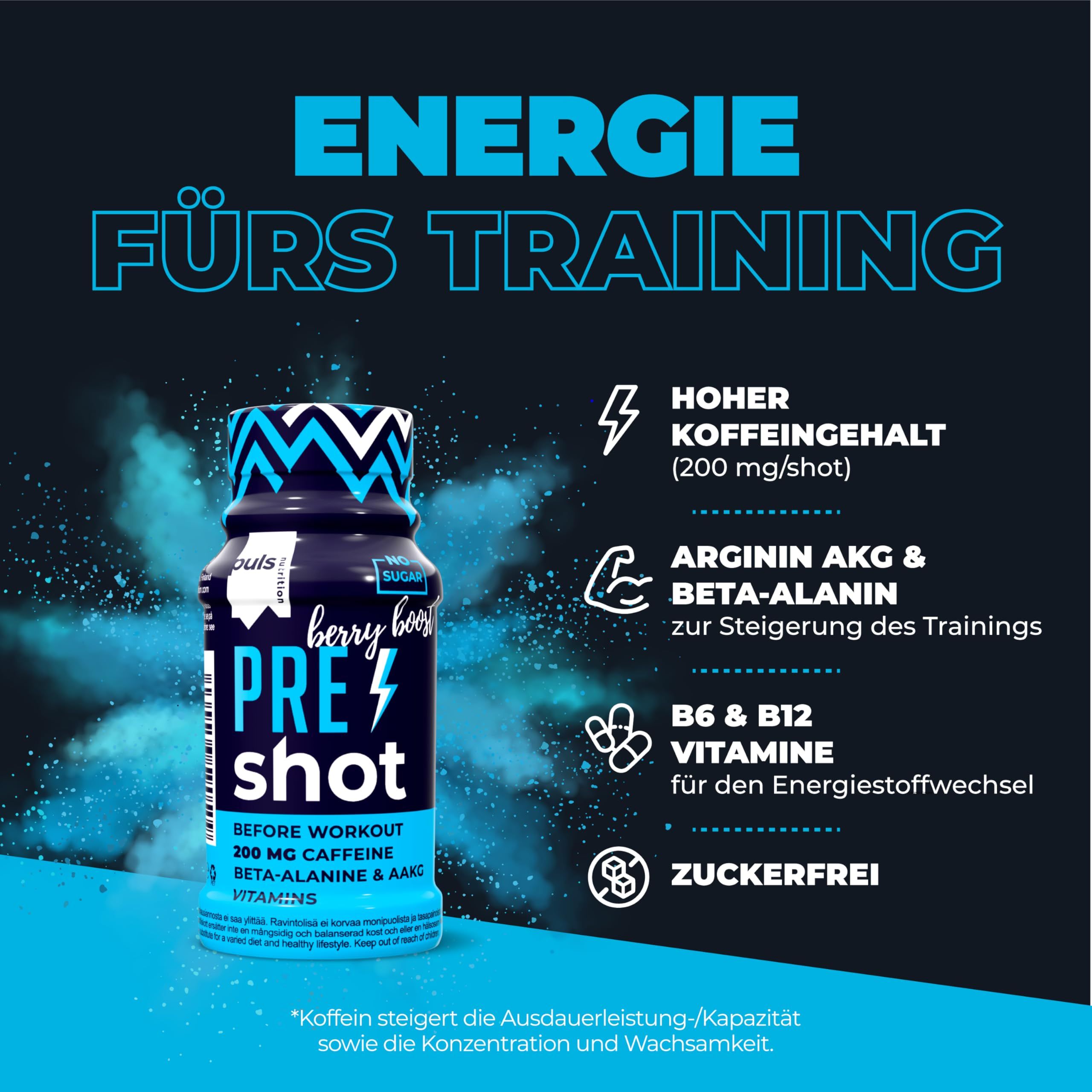 Flasche mit Pre-Workout-Shot in Beerengeschmack, mit Koffein und Vitaminen.