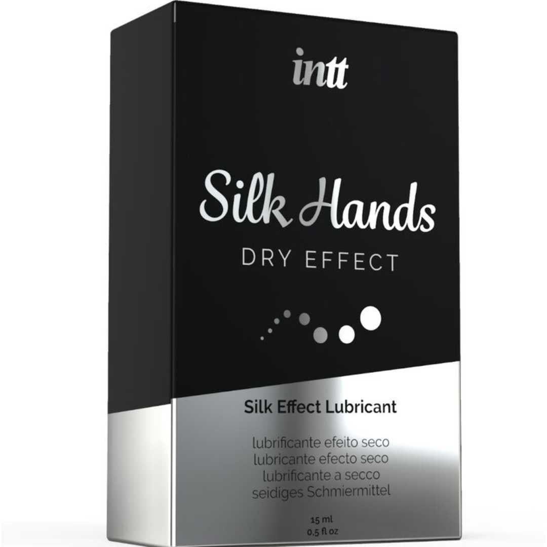 Schwarze Verpackung mit "Silk Hands Dry Effect" und Text in mehreren Sprachen. Silberne Akzente.