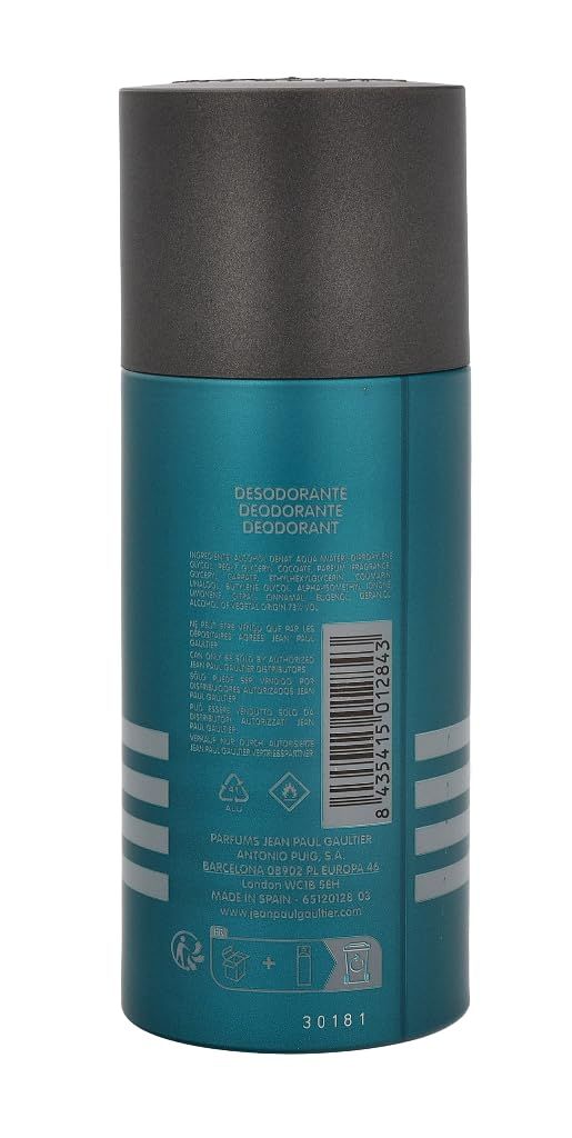 Deodorant-Sprühflasche, Rückansicht. Türkis mit dunklem Deckel. Text: DESODORANTE, PARFUMS JEAN PAUL GAULTIER.