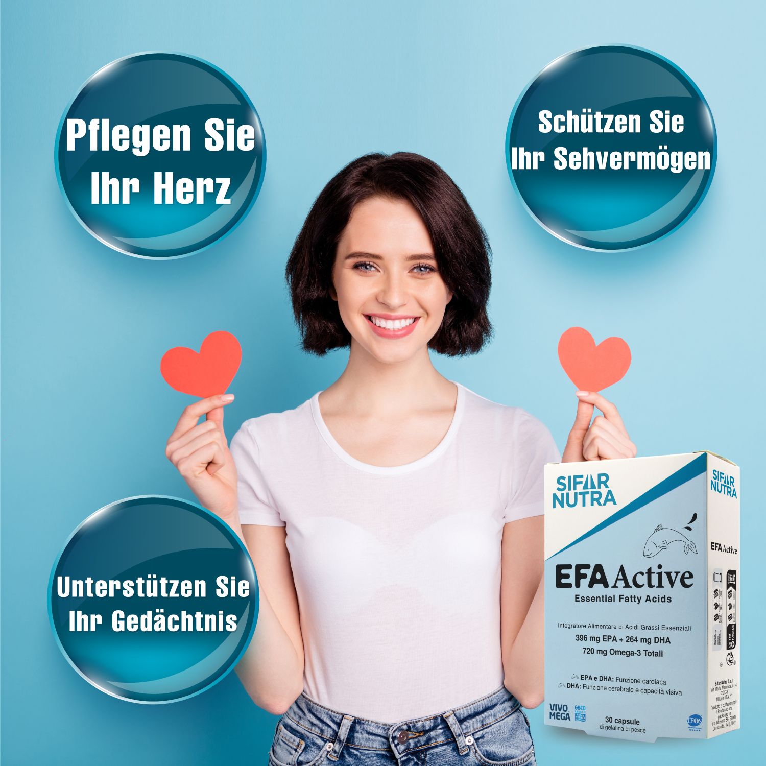 Frau mit SIFAR NUTRA EFA Active Packung. Text: Unterstützen Sie Ihr Gedächtnis, schützen Sie Ihr Sehvermögen.