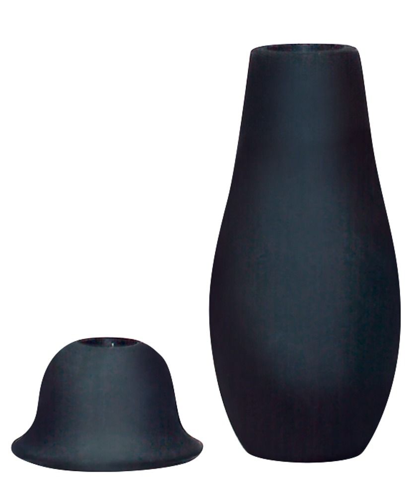 Schwarze Intimdusche, bestehend aus Flasche und Aufsatz. Flasche birnenförmig, Aufsatz trichterförmig.