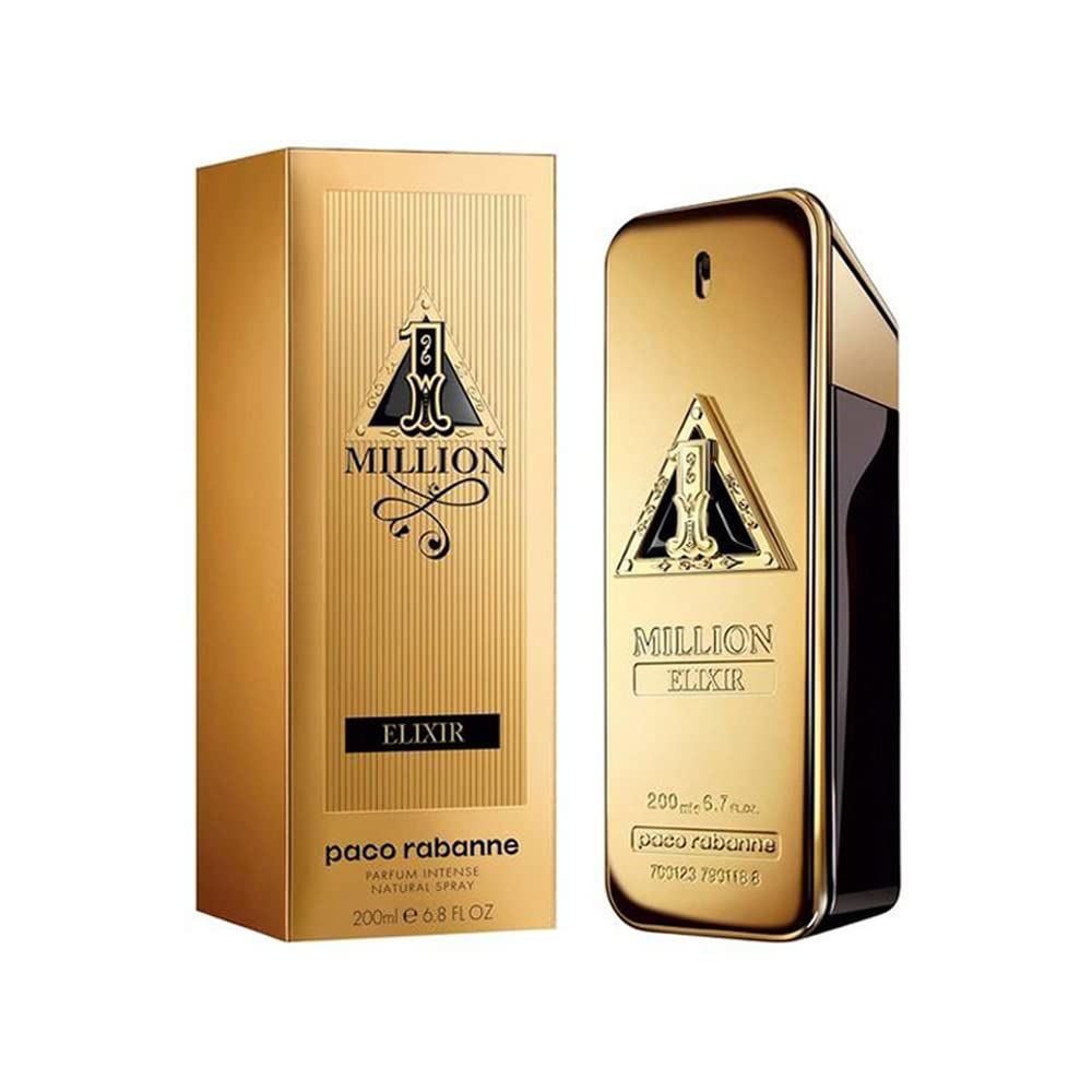 Goldfarbener Flakon und Verpackung. Aufschrift "Million Elixir". Schwarzer Akzent. Parfüm Intensiv Spray.