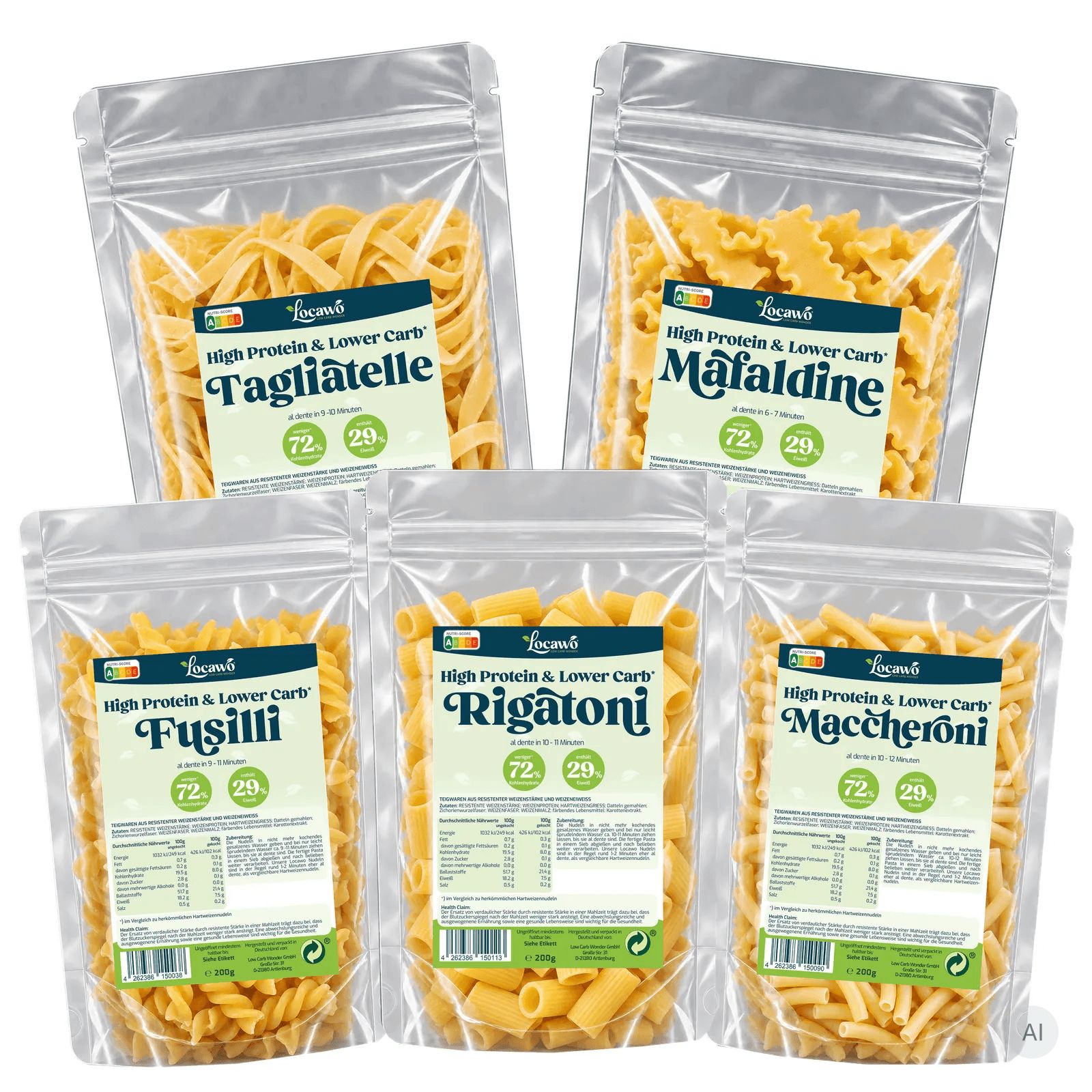 Fünf Packungen Locawo High Protein & Lower Carb Pasta: Tagliatelle, Mafaldine, Fusilli, Rigatoni, Maccheroni.