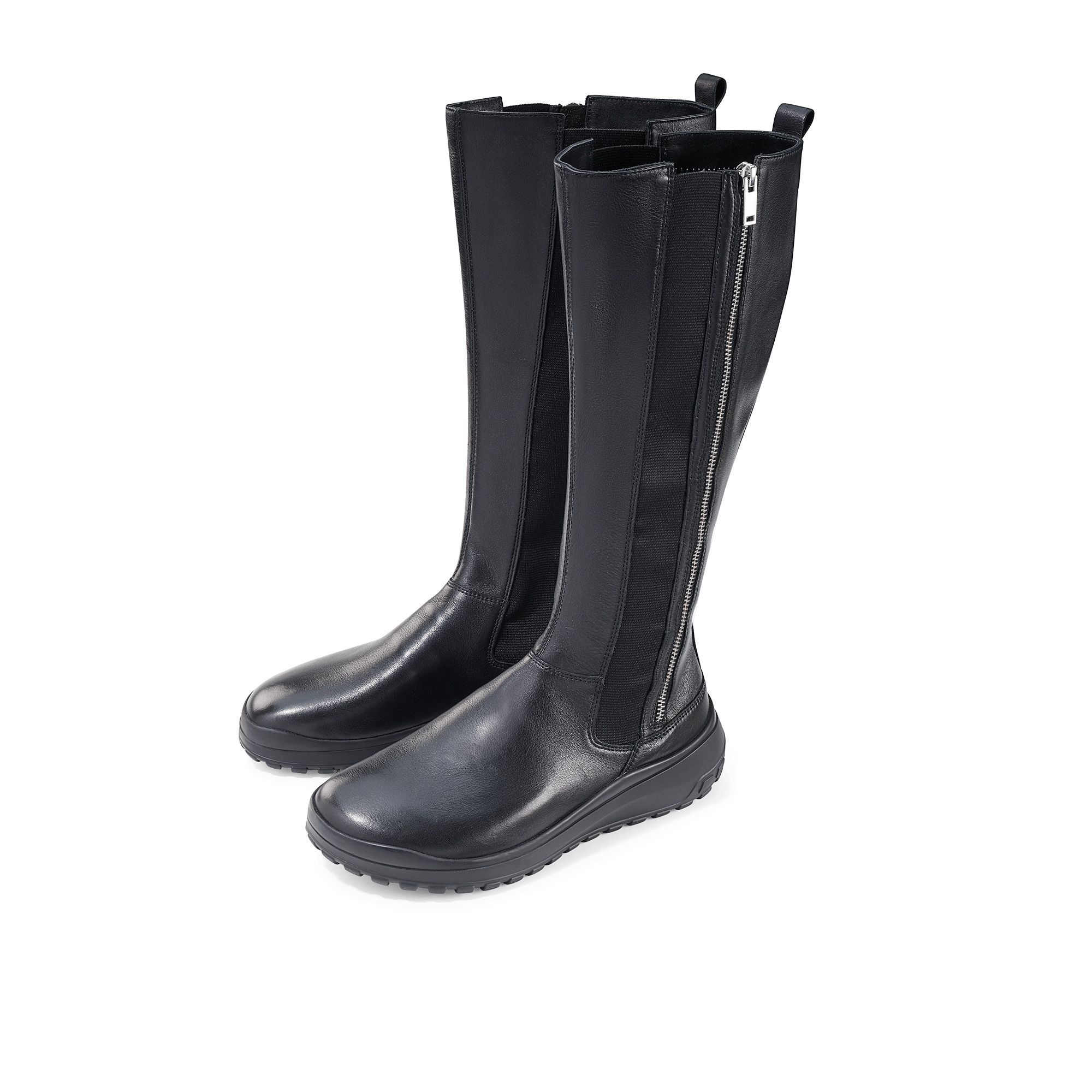 Schwarze Damenstiefel mit Reißverschluss. Seitliche Gummibandeinsätze. Flache Sohle. Zwei Stiefel nebeneinander.