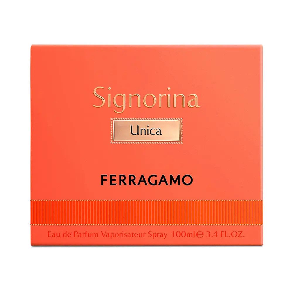 Orangefarbene Verpackung. Schriftzug Signorina Unica, Ferragamo. Text: Eau de Parfum Vaporisateur Spray 100ml 3.4 FL.OZ.