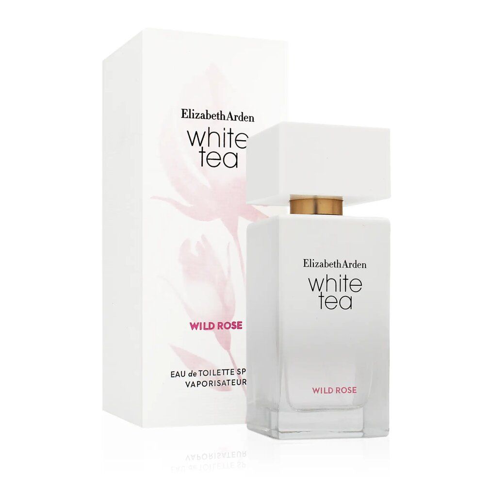 Flakon und Schachtel. Flakon: weiß, rechteckig. Schachtel: weiß, Aufdruck: Elizabeth Arden White Tea Wild Rose.