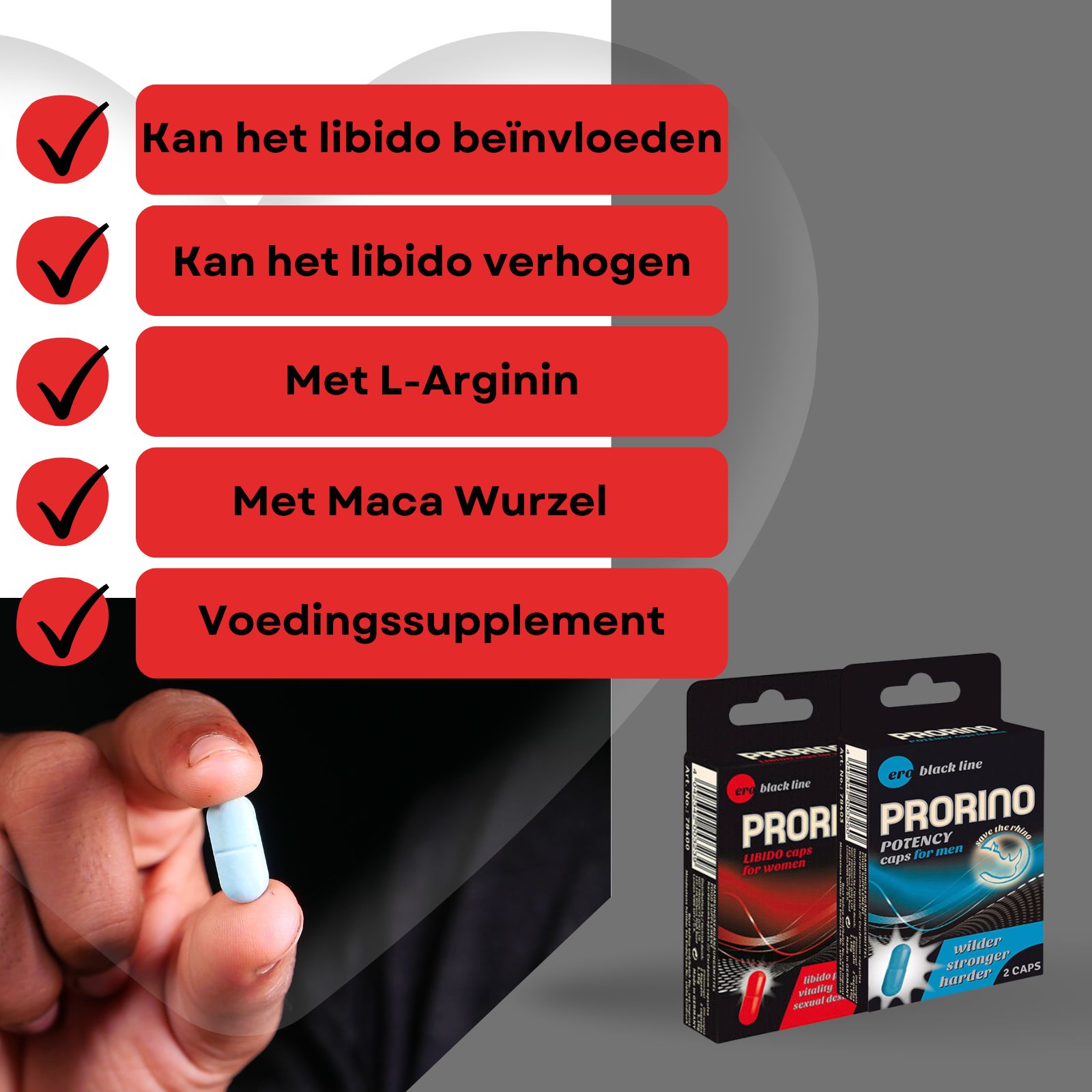 Blaue Kapsel in Hand. Text: Kann sich auf die Libido auswirken, L-Arginin, Maca Wurzel.