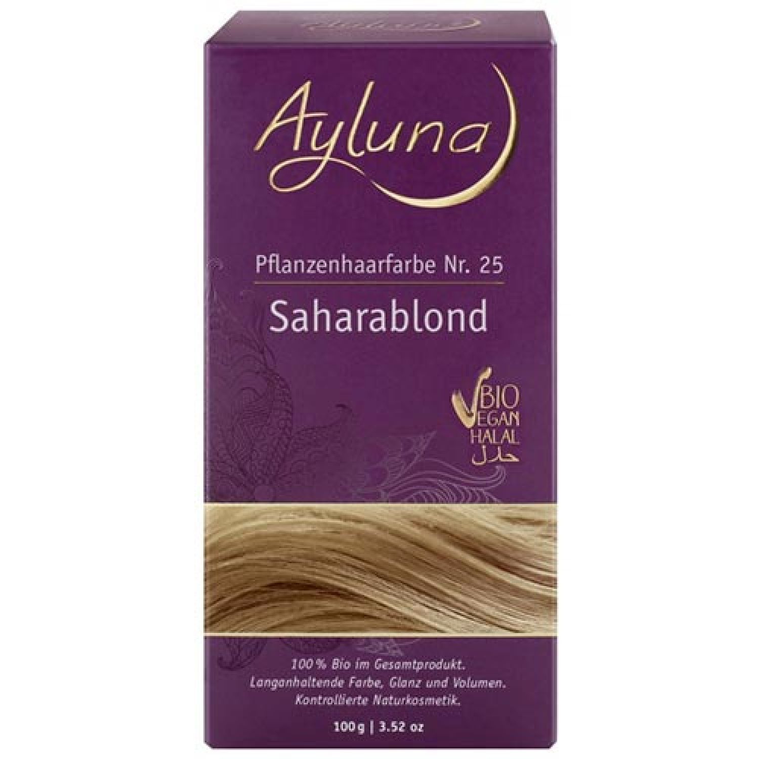 Verpackung von Ayluna Pflanzenhaarfarbe Saharablond Nr. 25. Lila Schachtel mit Produktnamen, Farbtonbezeichnung und Bio-Siegel.