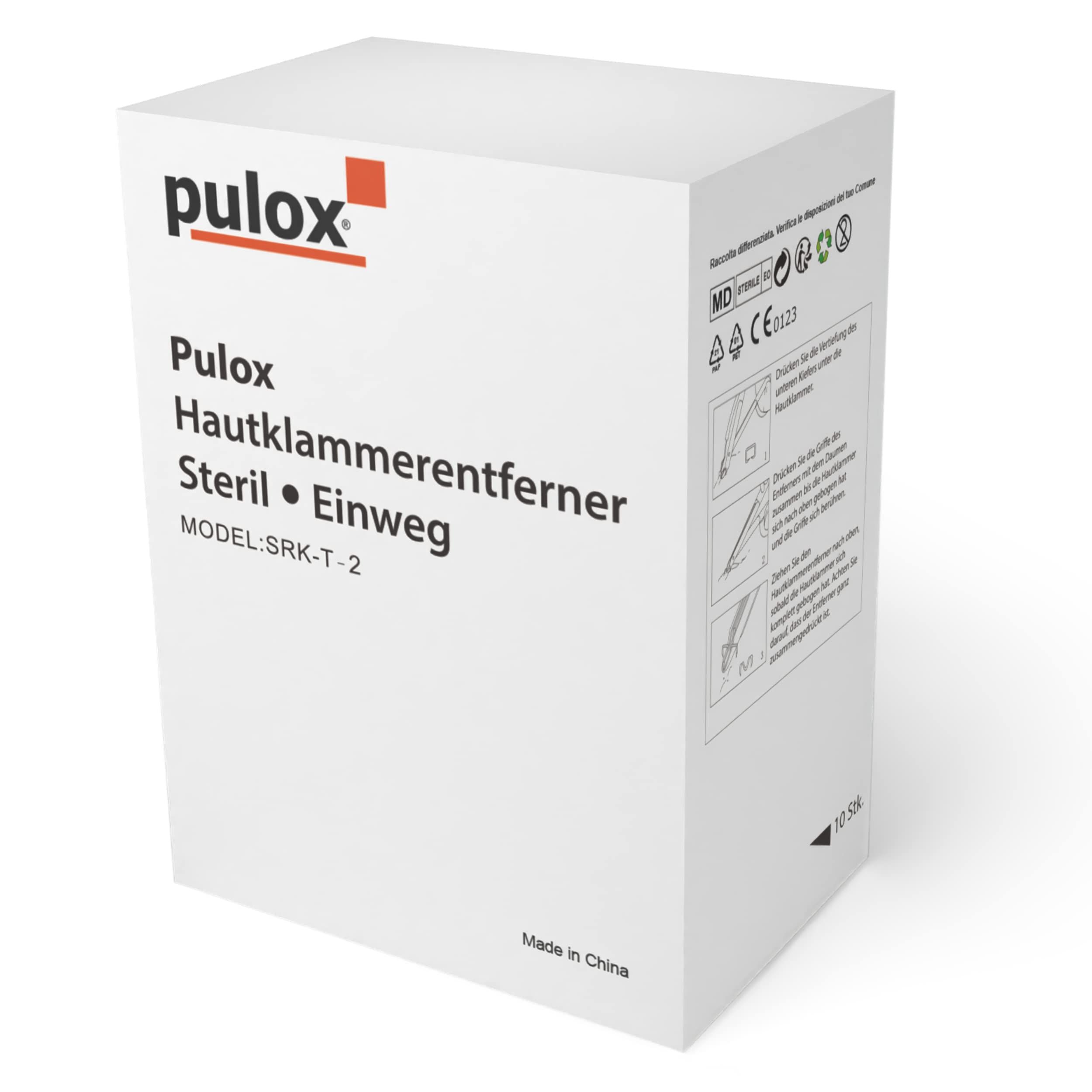 Weiße Verpackung mit Pulox-Logo und Produktbezeichnung: Hautklammerentferner. Steril und Einweg. Modell SRK-T-2.
