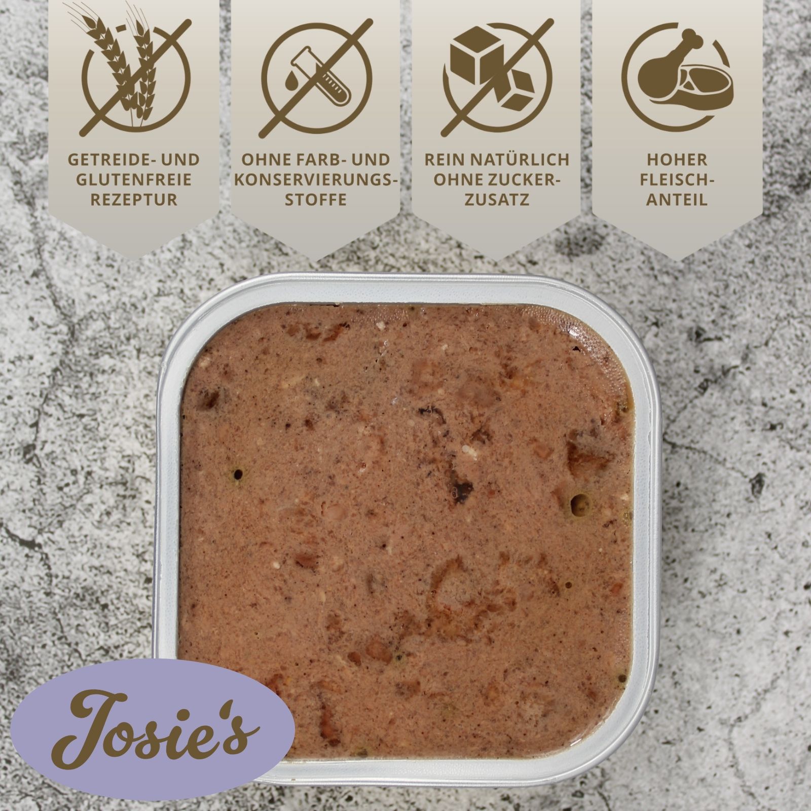 Hundefutter in Dose. Symbole: Getreide- und glutenfreie Rezeptur, ohne Farb- und Konservierungsstoffe, ohne Zuckerzusatz, hoher Fleischanteil. Logo: Josie's.