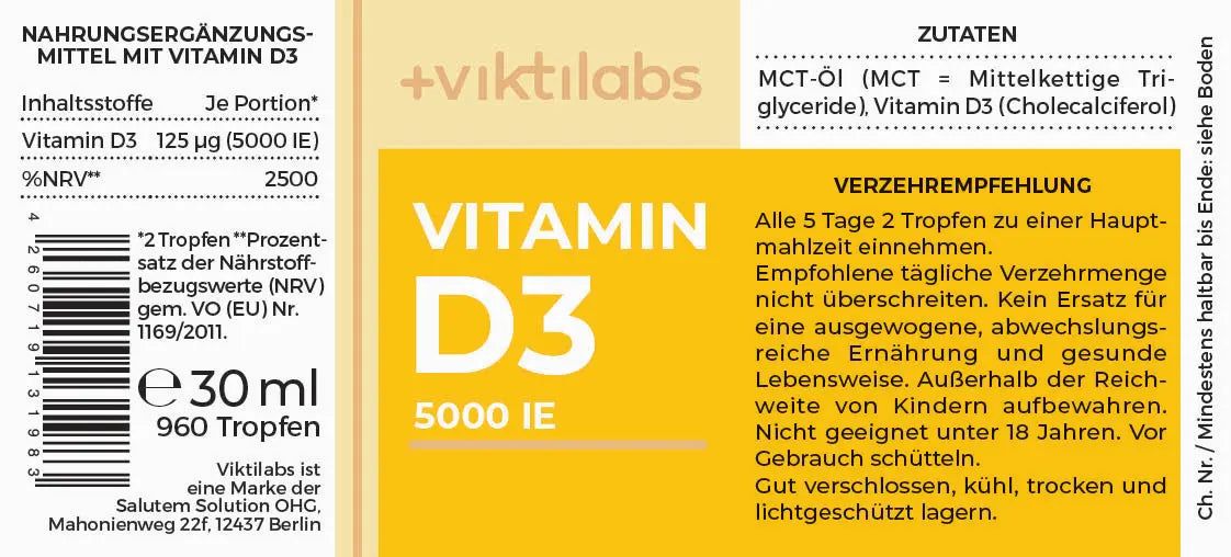 Viktilabs Vitamin D3: 5.000 IE in reinem MCT-Öl für Knochen und Immunsystem