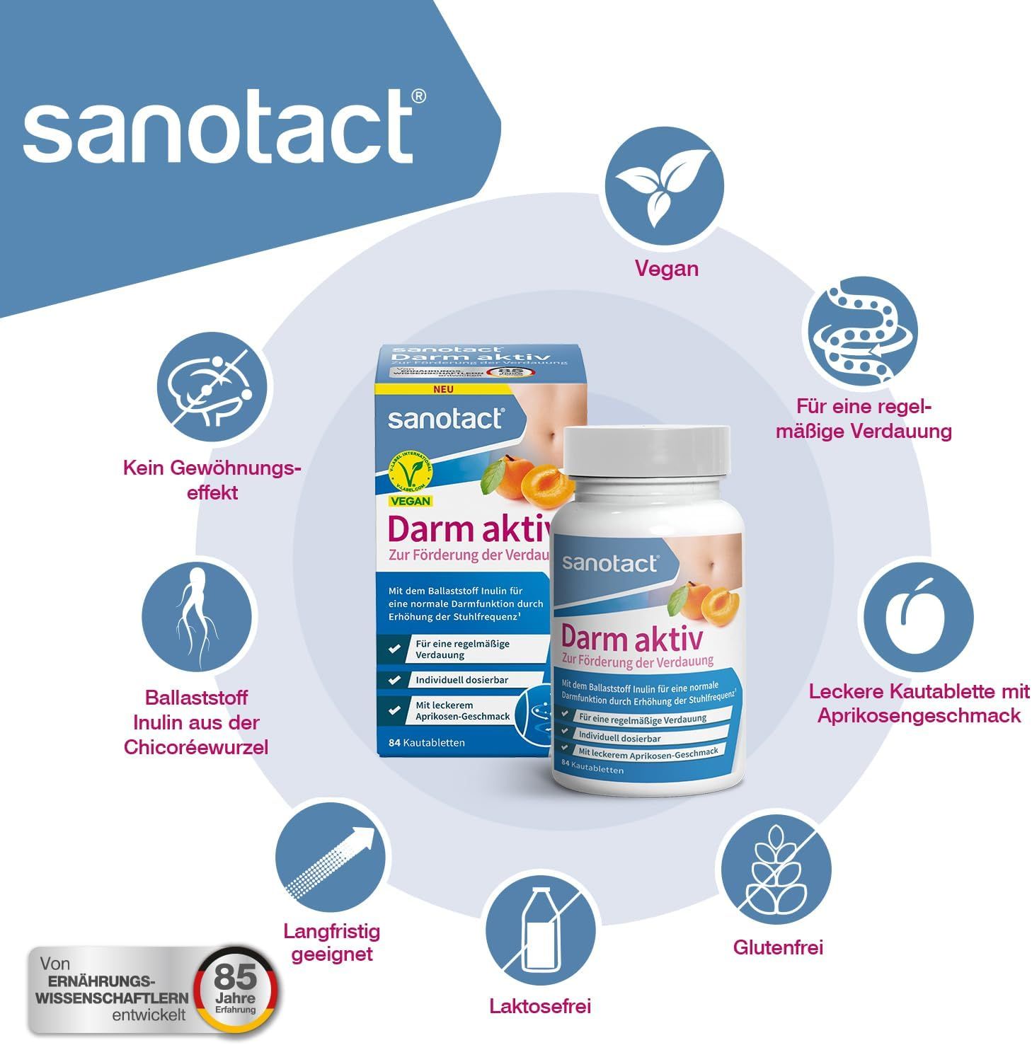Sanotact Darm aktiv Kautabletten. Produktverpackung und Tablettenflasche. Vegan-Logo. Verschiedene Icons.