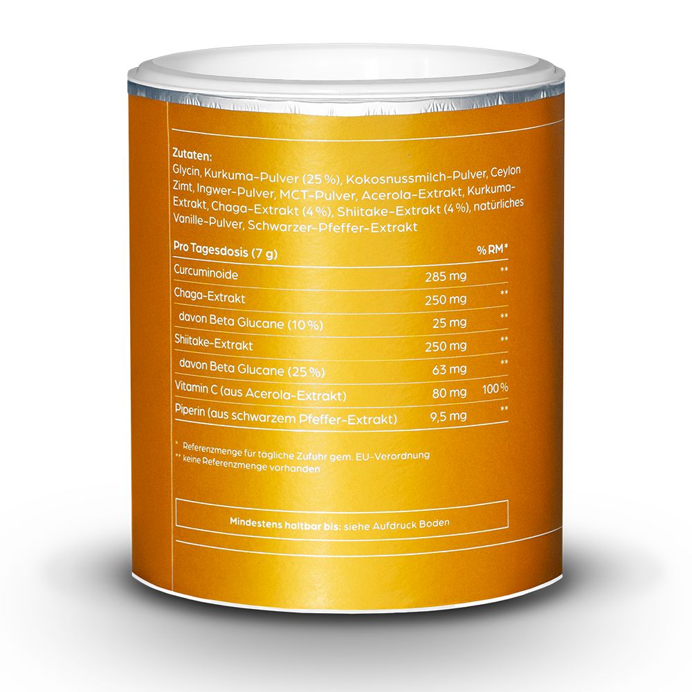 Dose mit Zutatenliste. Enthält Glycin, Kurkuma, Kokosnussmilch, Ceylon Zimt, Ingwer, MCT-Pulver, Acerola-Extrakt, Chaga-Extrakt, Shiitake-Extrakt.