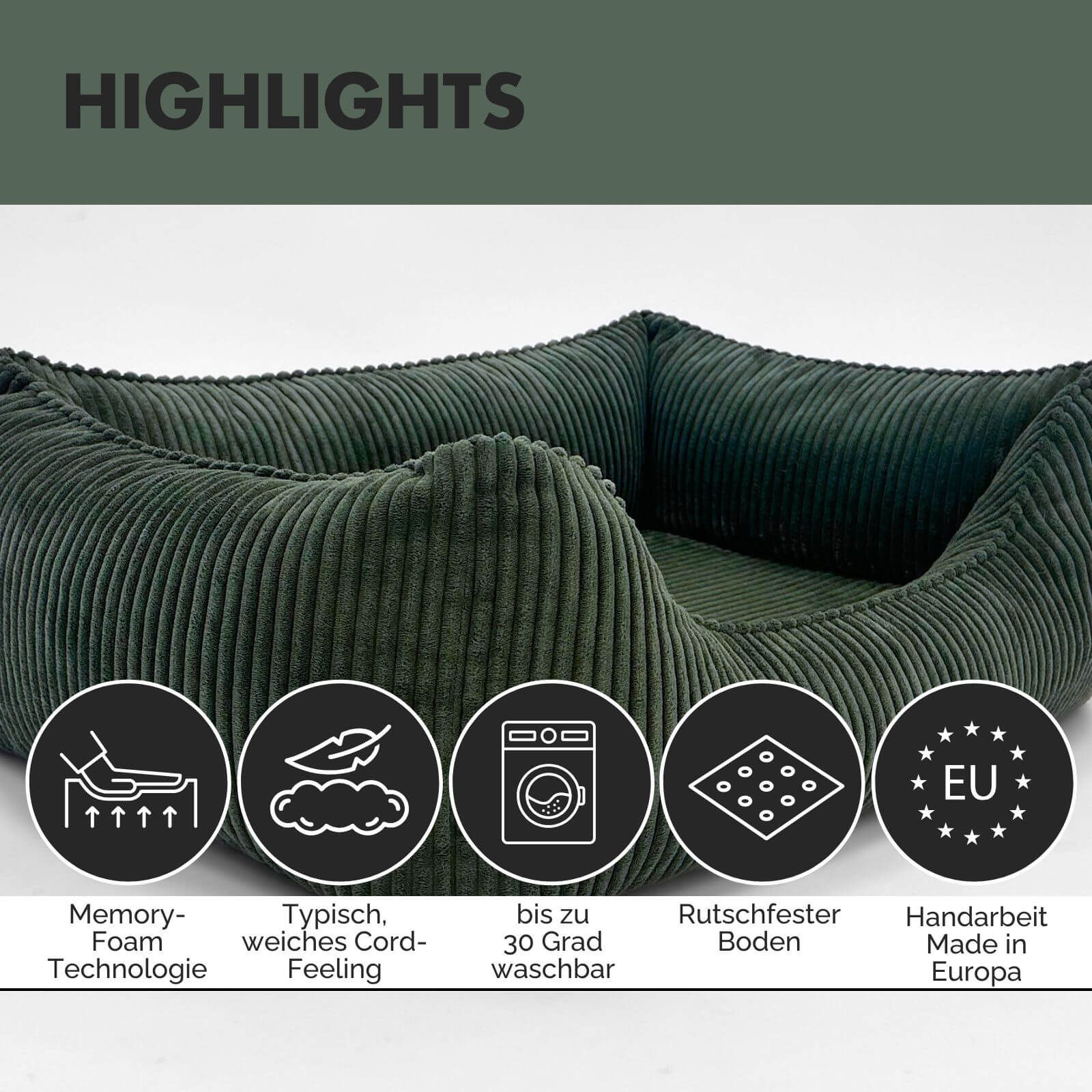 Grünes Hundebett mit Symbolen: Memory Foam, weiches Cord-Feeling, waschbar, rutschfester Boden, handgefertigt in Europa.