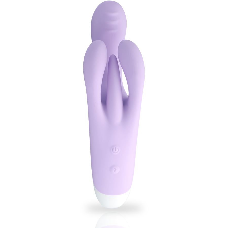 Lila Vibrator mit drei Vorsprüngen. Zwei Knöpfe. Weiße Basis. Draufsicht.