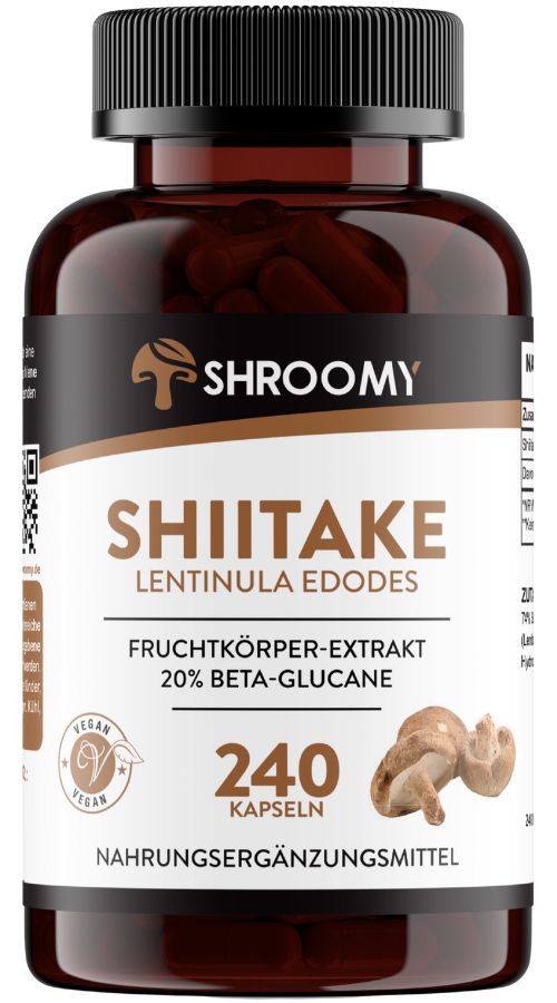 Braune Flasche mit schwarzen Deckel. Aufschrift SHROOMY, SHIITAKE, 240 Kapseln, Fruchtkörper-Extrakt, 20% Beta-Glucane. Vegan-Siegel.