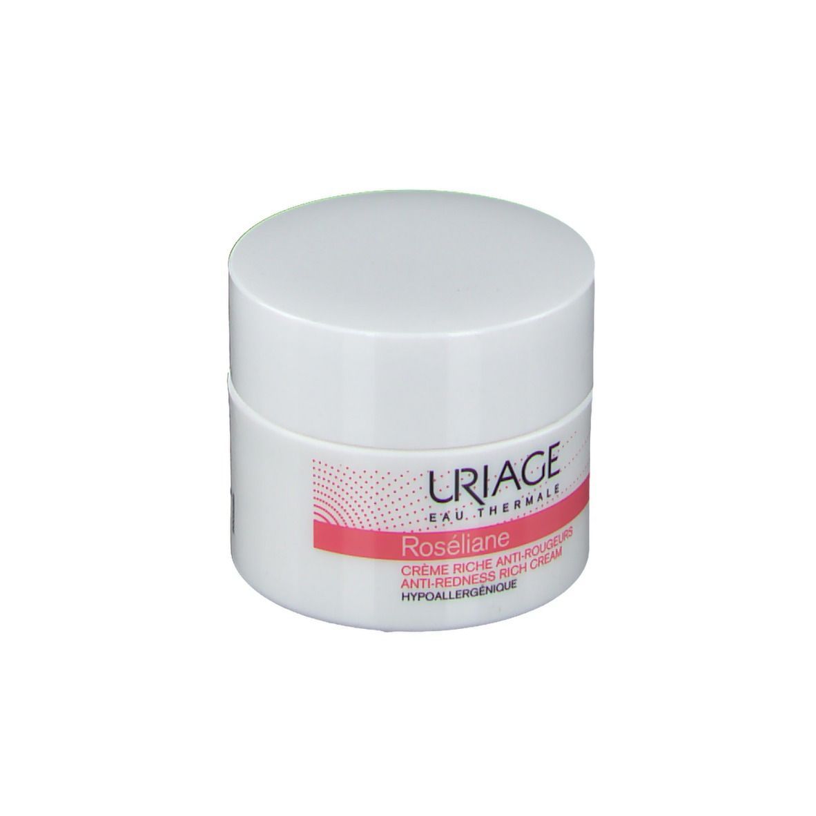 Weißer Tiegel mit rosa Streifen und URIAGE-Logo. Text: Roséliane, Crème riche anti-rougeurs. Hypoallergen.