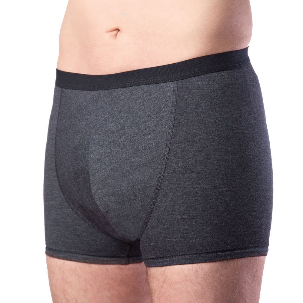 Grauer Herren-Slip mit angeschnittenem Bein. Schwarzer Bund. Seitenansicht. Verstärkter Einsatz.