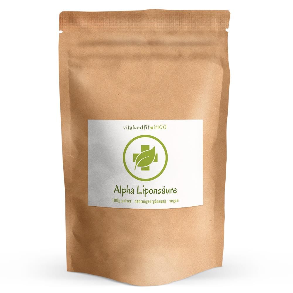 Braune Tüte mit weißem Etikett. Aufschrift: Alpha Liponsäure. Logo mit Blatt.