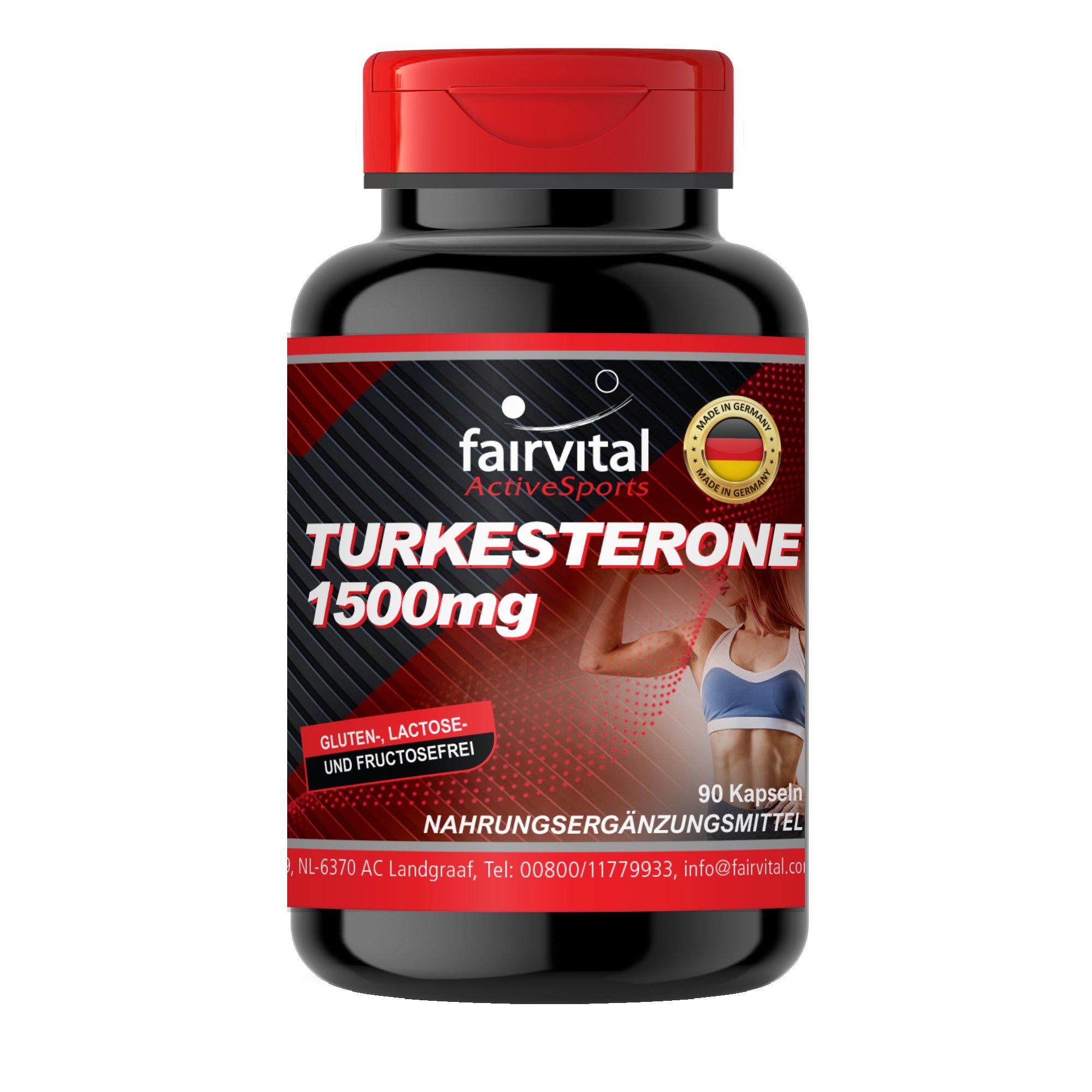 Schwarze Dose mit rotem Deckel, Fairvital Turkesterone 1500mg, 90 Kapseln, gluten-, laktose- und fruktosefrei.