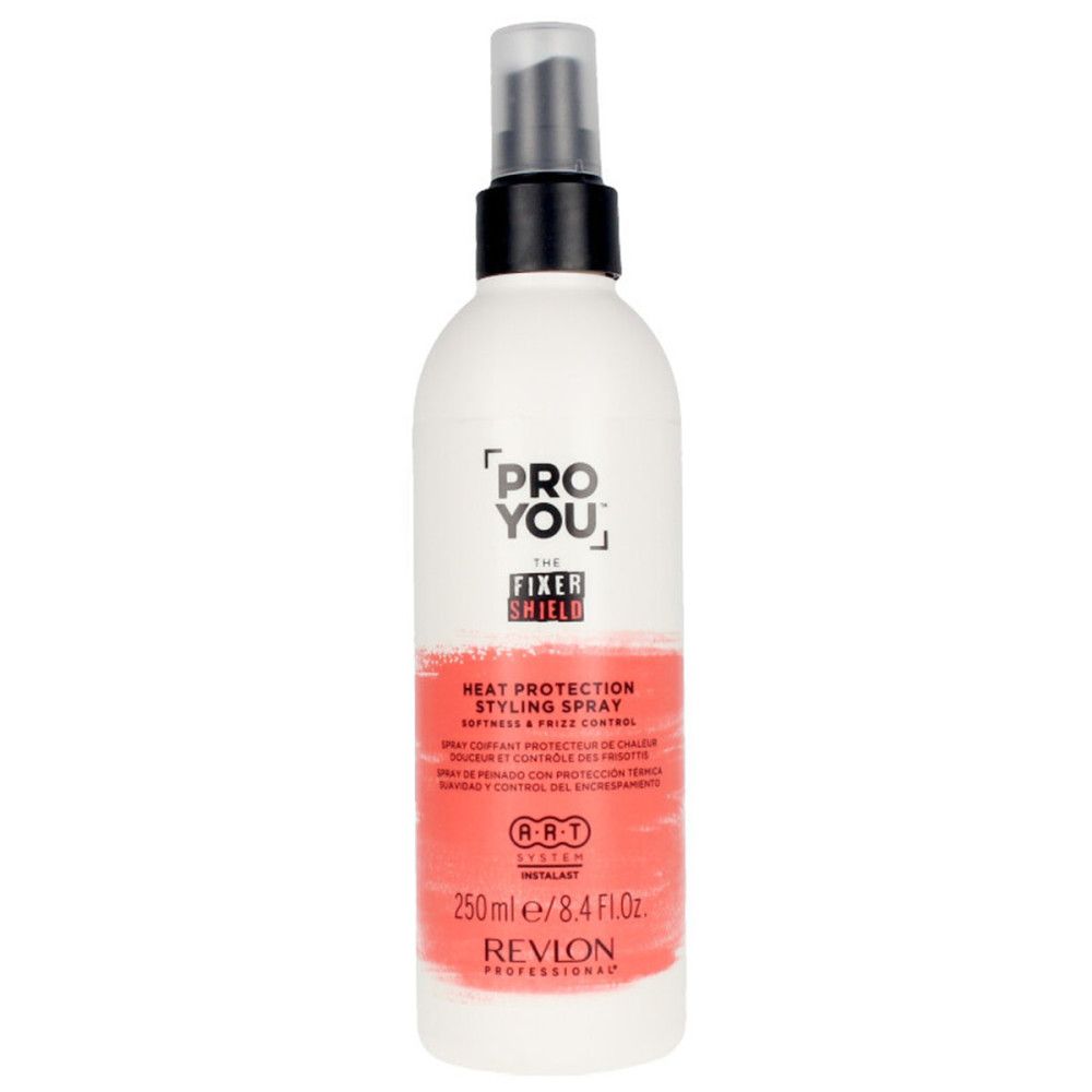 Weiße Sprühflasche mit schwarzem Sprühkopf. Roter Aufkleber mit Text: PRO YOU, The Fixer Shield, Heat Protection Styling Spray. Revlon Professional.