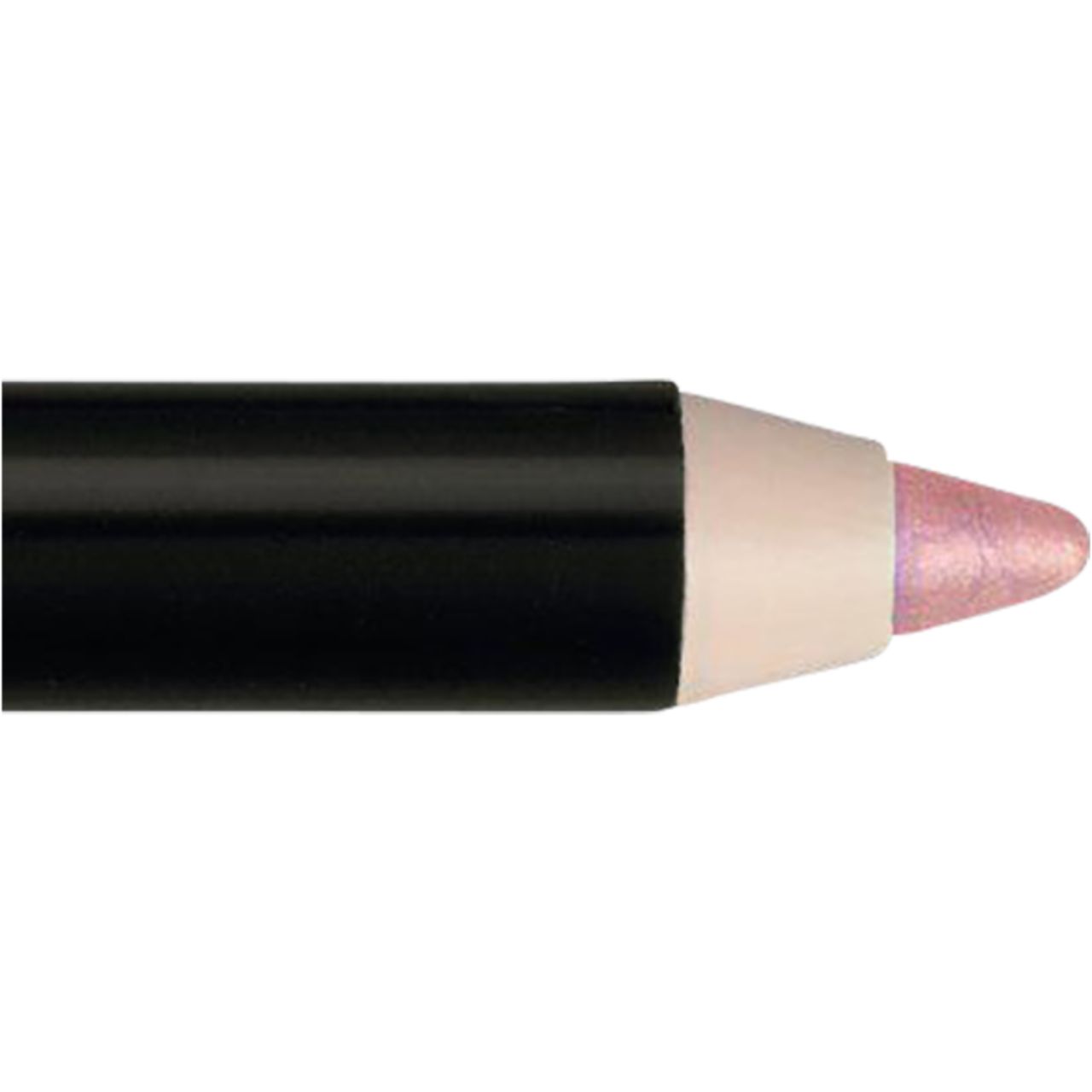 Nahaufnahme eines schwarzen Lipliners mit rosa Spitze. Der Stift hat eine weiße Spitze und eine rosa Mine.