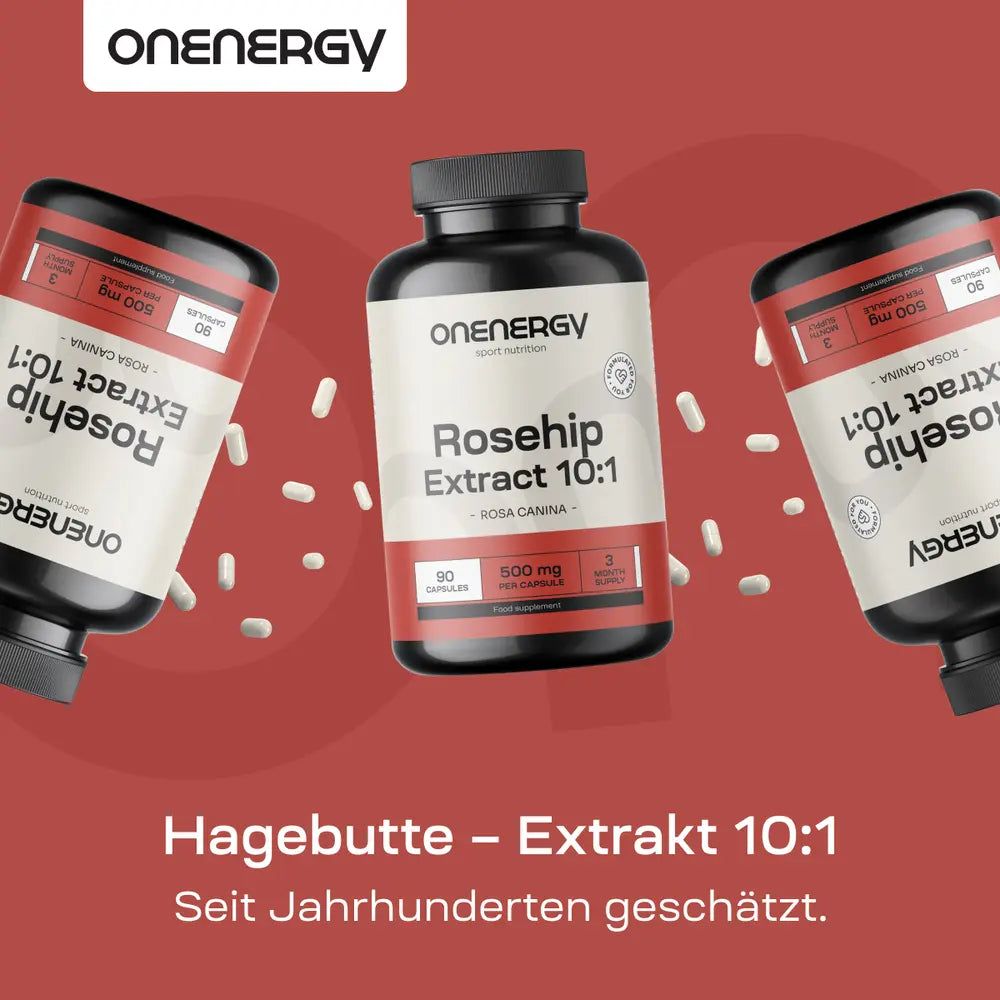 Drei Flaschen OnEnergy Hagebutte Extrakt 10:1, seit Jahrhunderten geschätzt.