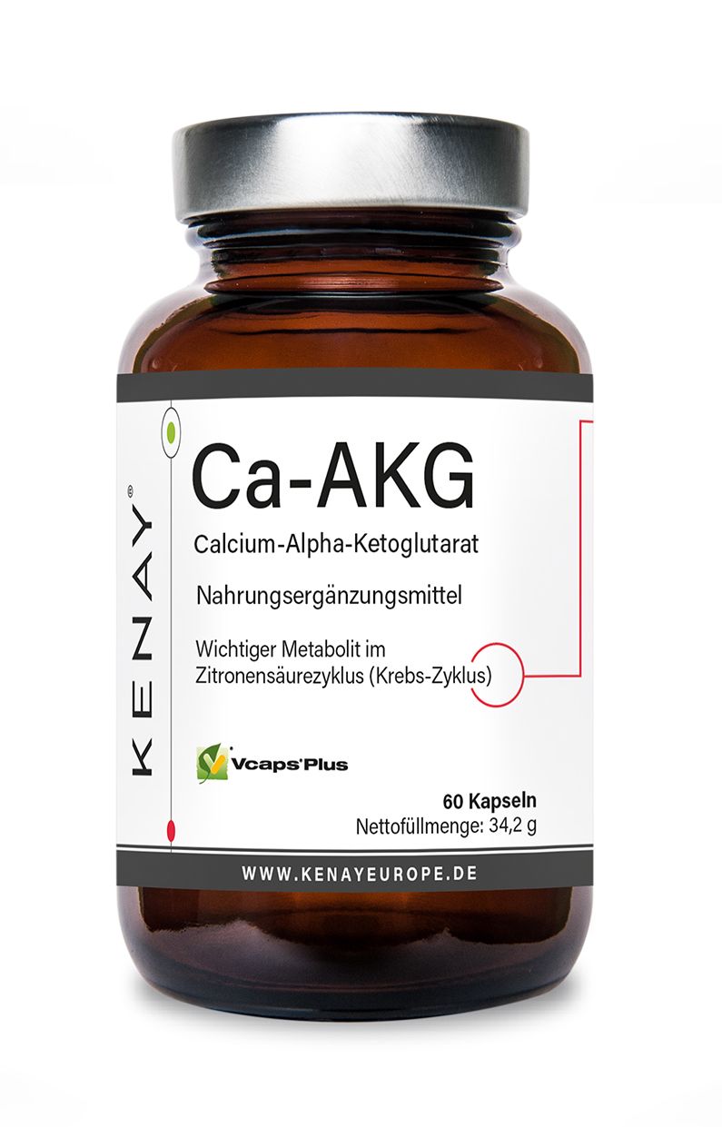 Braune Glasflasche mit weißem Etikett. Beschriftung: Ca-AKG, Calcium-Alpha-Ketoglutarat, Nahrungsergänzungsmittel. 60 Kapseln. Marke KENAY.