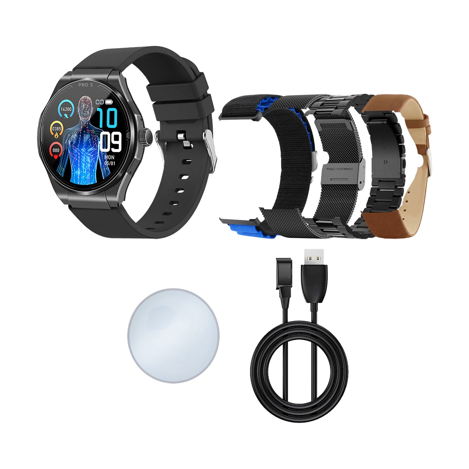 Schwarze Smartwatch mit Zubehör: Armbänder in Schwarz, Silber und Braun, Ladegerät, und eine runde weiße Scheibe.