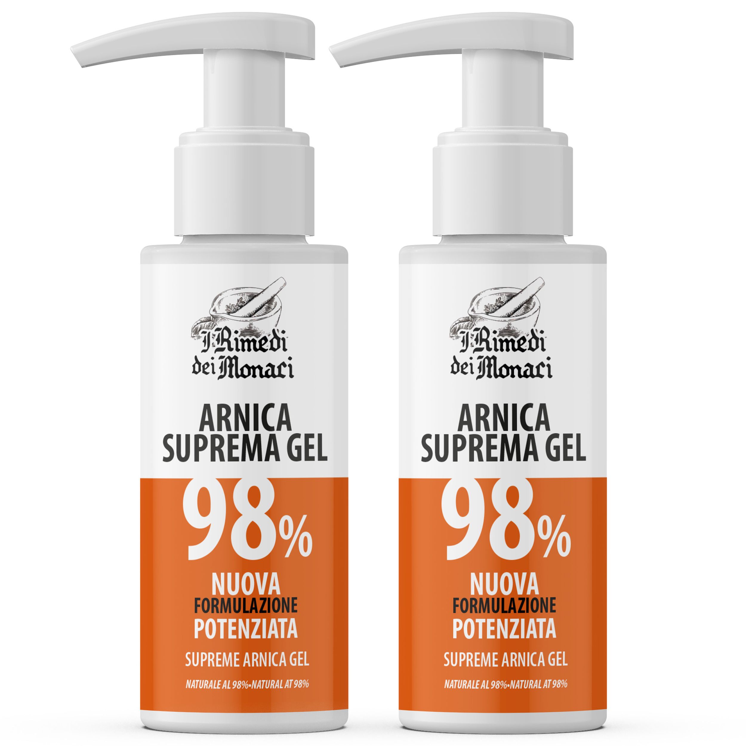 Zwei Flaschen Gel mit Dosierpumpe. Aufschrift: Arnica Suprema Gel 98%. Marke: I Rimedi dei Monaci. Orangefarbener Streifen mit Text.