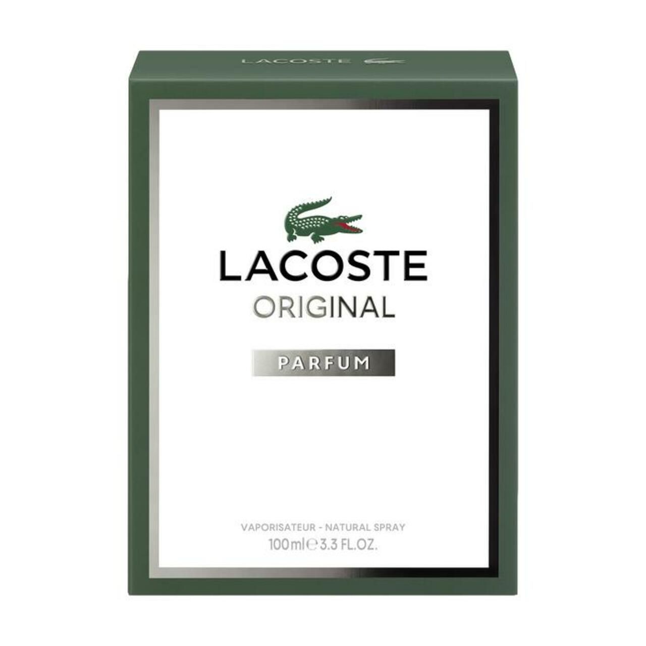 Verpackung von LACOSTE Original Parfum. Grün-weiße Schachtel mit Krokodil-Logo und Schriftzug. Enthält Produktinformationen.