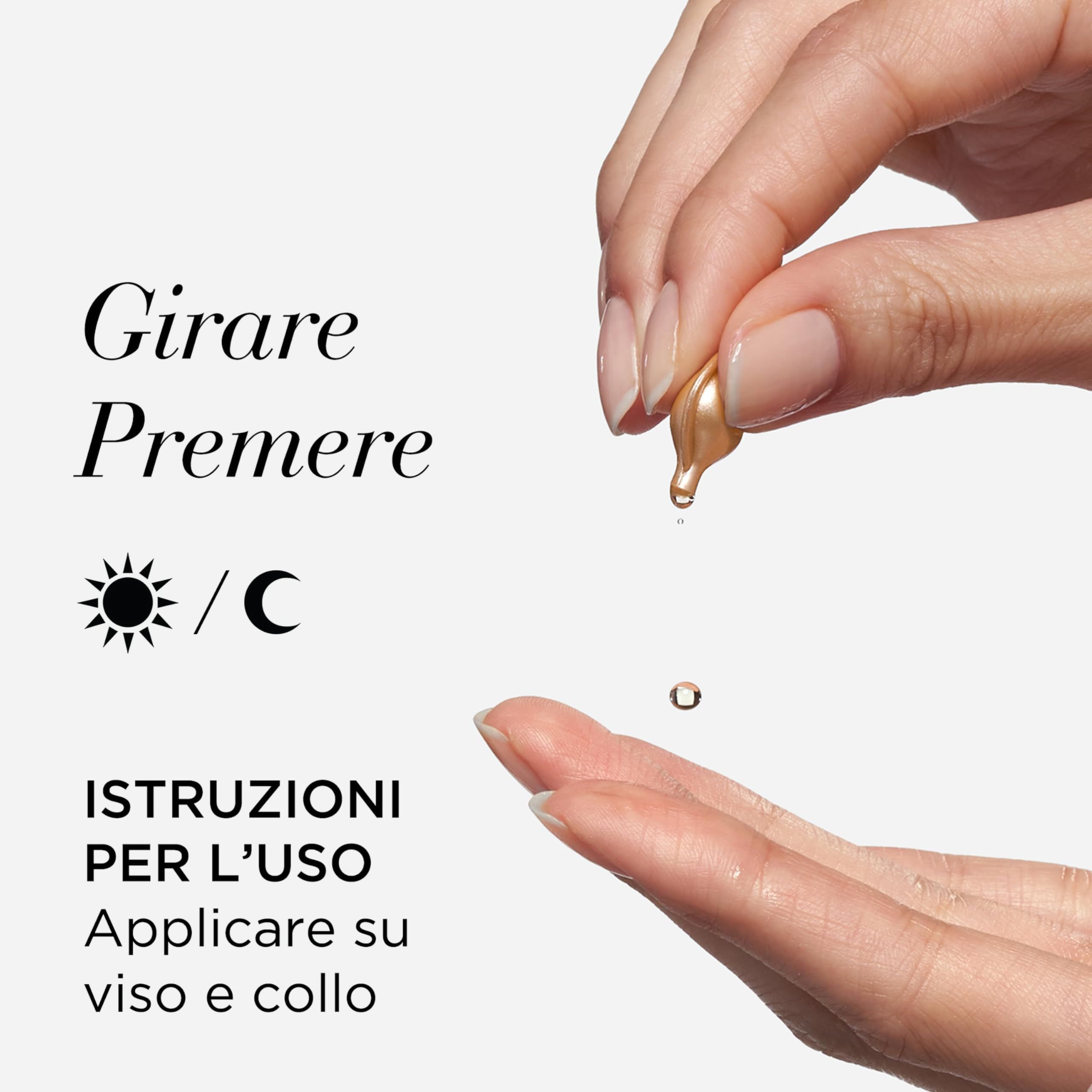 Hände halten eine Kapsel. Text: Girare, Premere, ISTRUZIONI PER L'USO, Applicare su viso e collo.