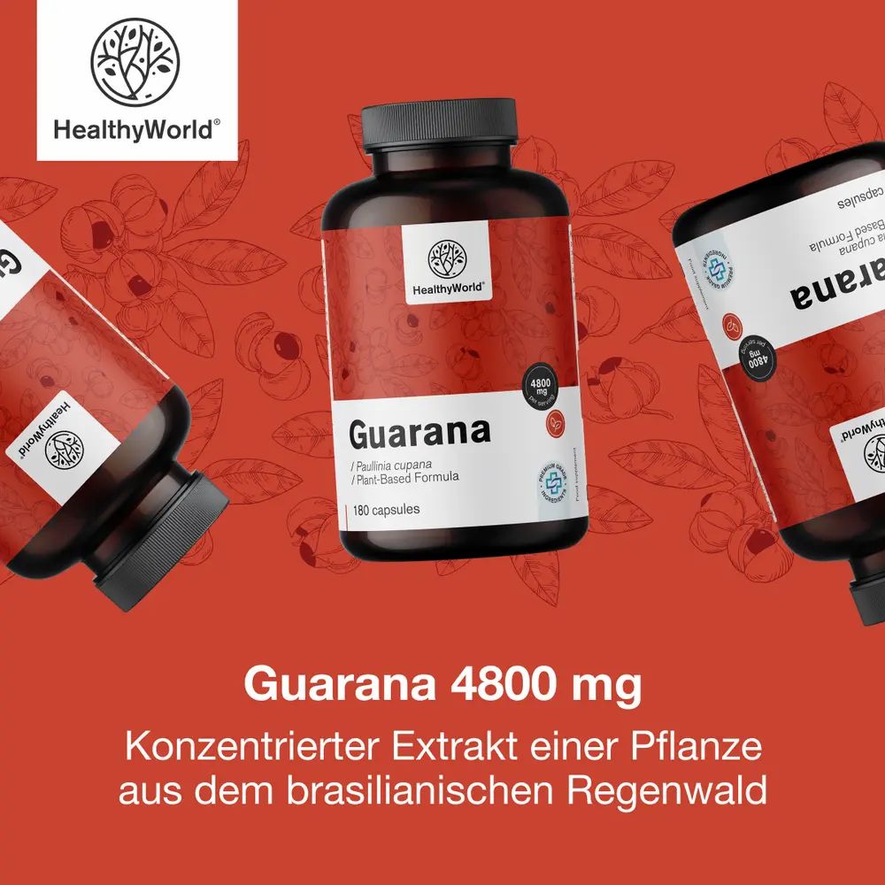 Mehrere Flaschen mit Kapseln. Aufschrift: Guarana, 4800 mg, 180 Kapseln. Logo: HealthyWorld.