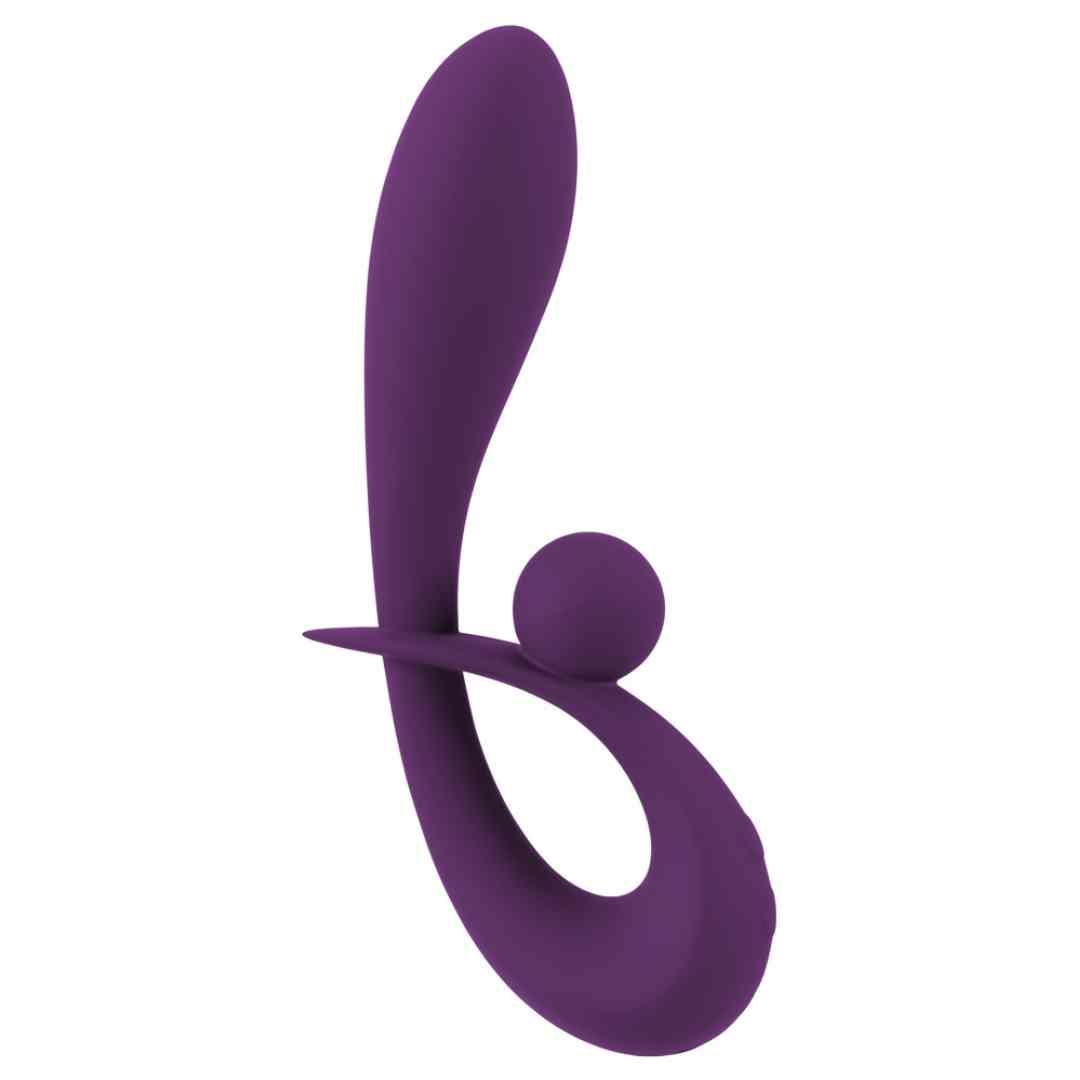 Lila Vibrator mit geschwungener Form und Kugel. Glatte Oberfläche. Auf weißem Hintergrund.
