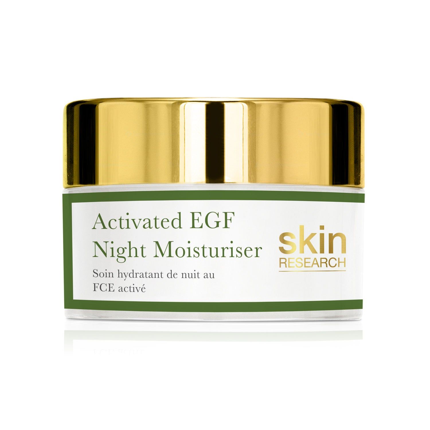 Tiegel mit goldfarbenem Deckel. Aufschrift: Activated EGF Night Moisturiser, Skin Research.