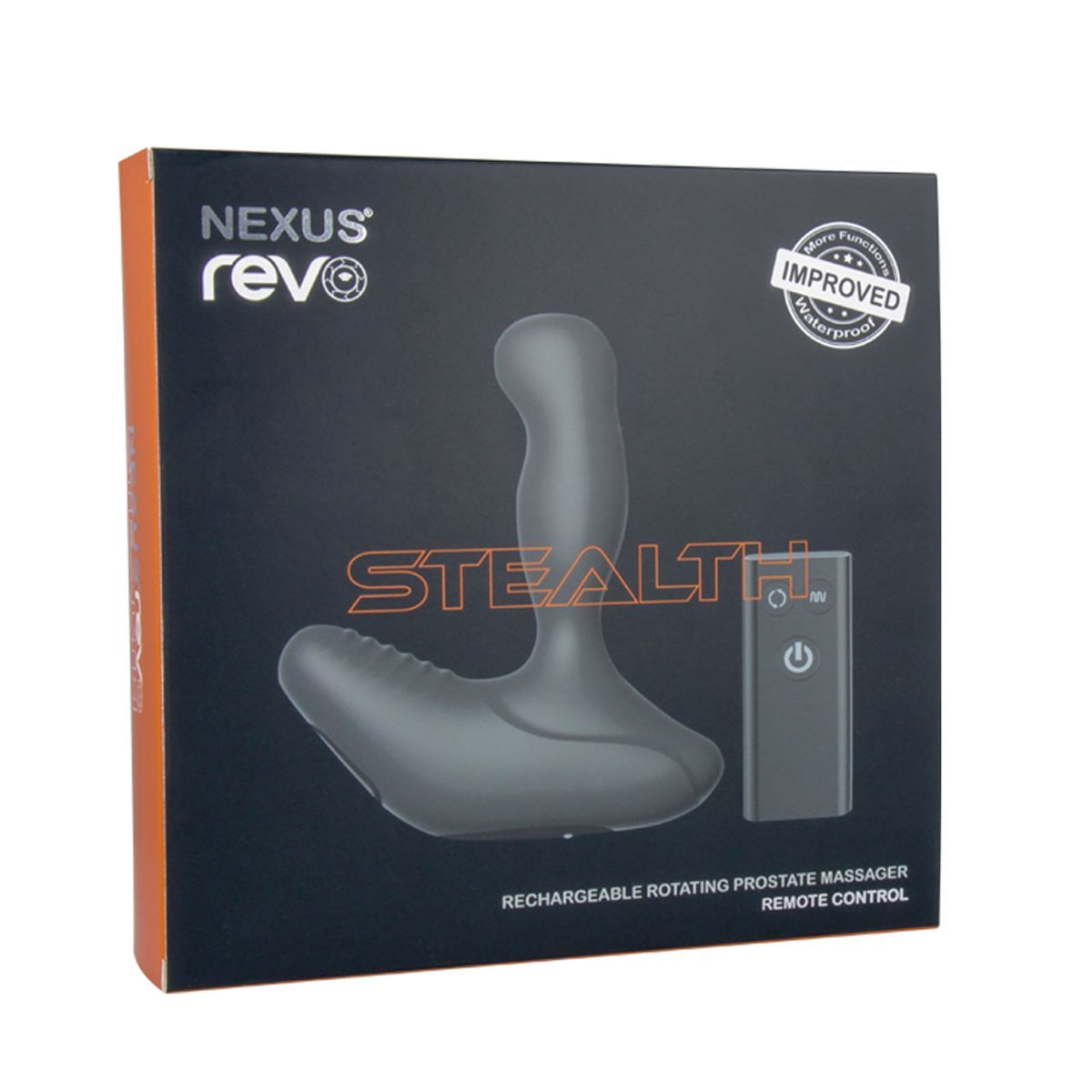 Verpackung mit Wellness-Produkt und Fernbedienung. Aufschrift: Nexus Revo Stealth. Mit 'Waterproof' Siegel.