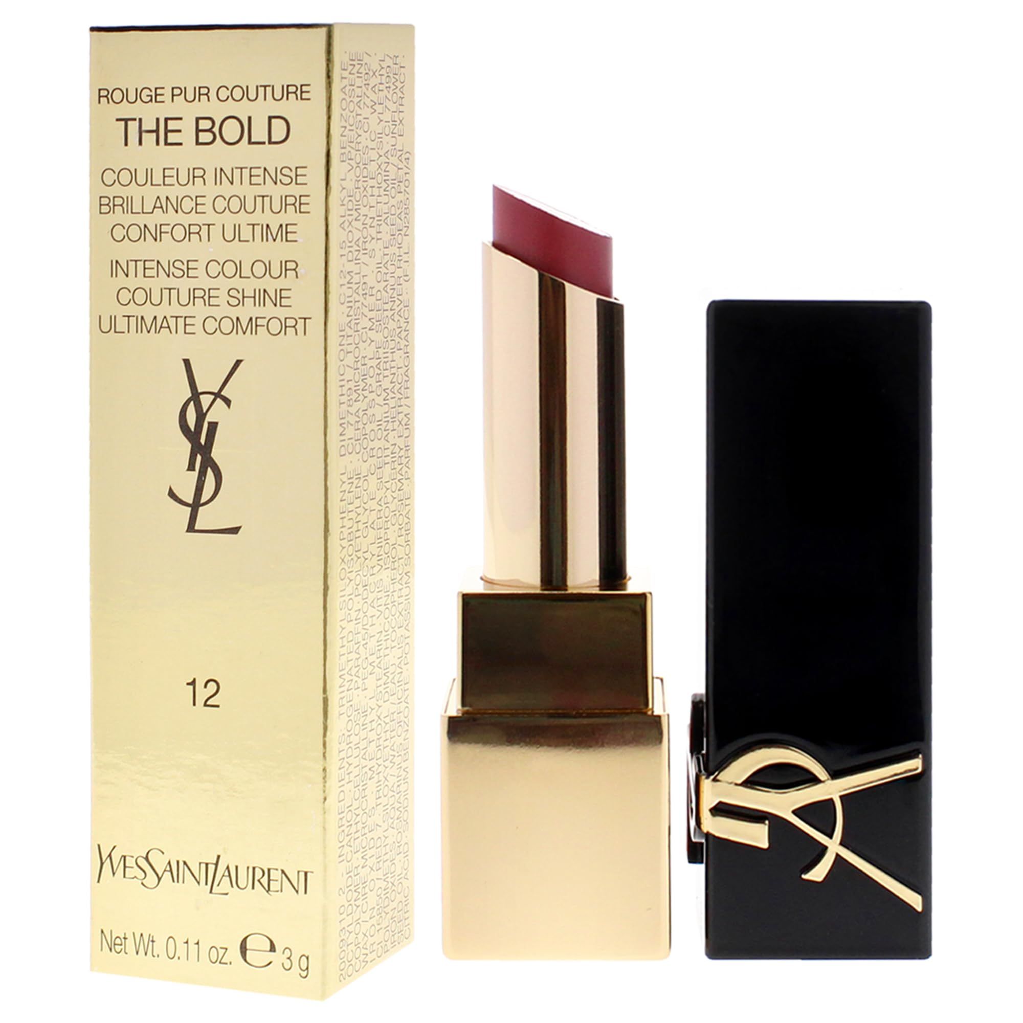 Goldene Verpackung, goldener Lippenstift und schwarze Kappe. Lippenstift mit roter Spitze. YSL-Logo und Produktbezeichnung.