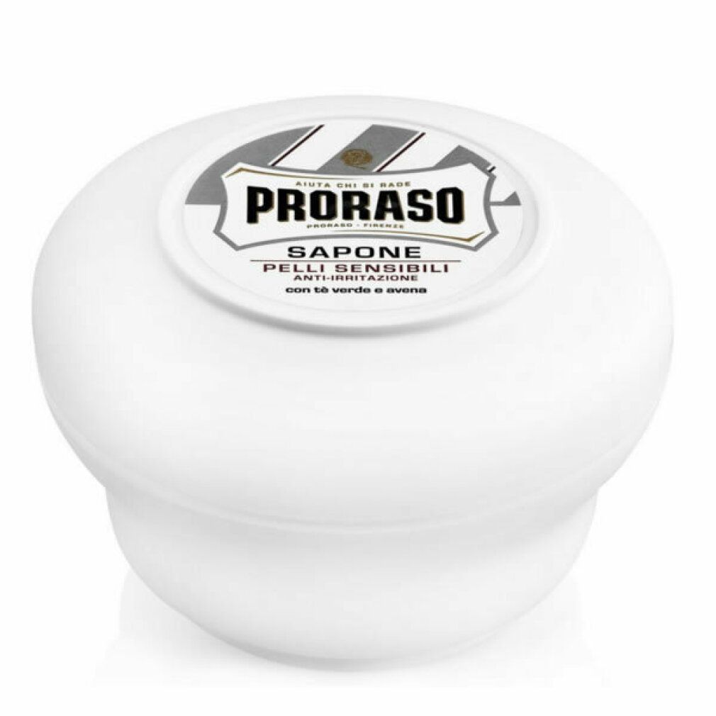 Proraso Rasierseife für empfindliche Haut mit grünem Tee und Hafer, in weißer Schale.